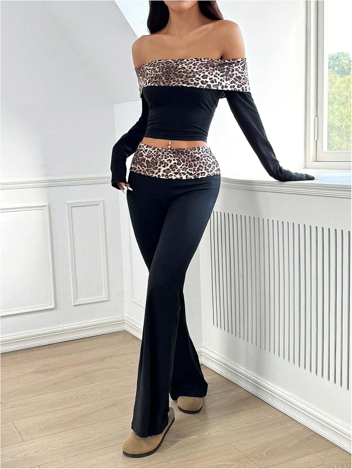 GORGLITTER Women's Cheetah Print Vacation Cruise Y2K Outfits Off The Shoulder Crop Top and Flare Pants 2 Piece Set