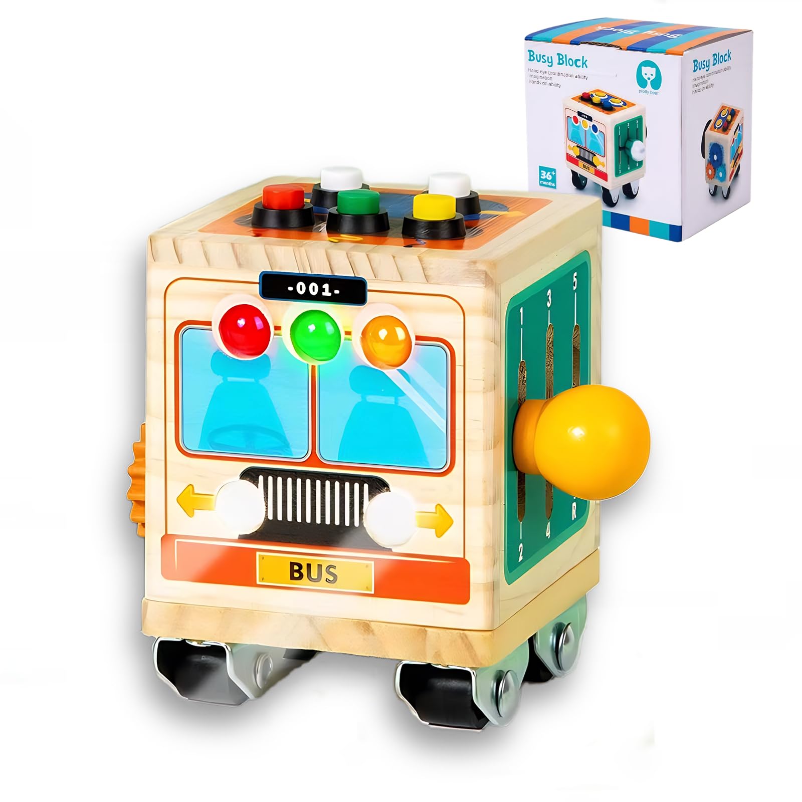 Tablero de actividades Montessori para niños, cubo de actividades sensoriales de madera con luz LED para coche, interruptor, volante, engranaje Tablero de actividades Montessori para niños, cubo de actividades sensoriales de madera con luz LED para coche, interruptor, volante, engranaje