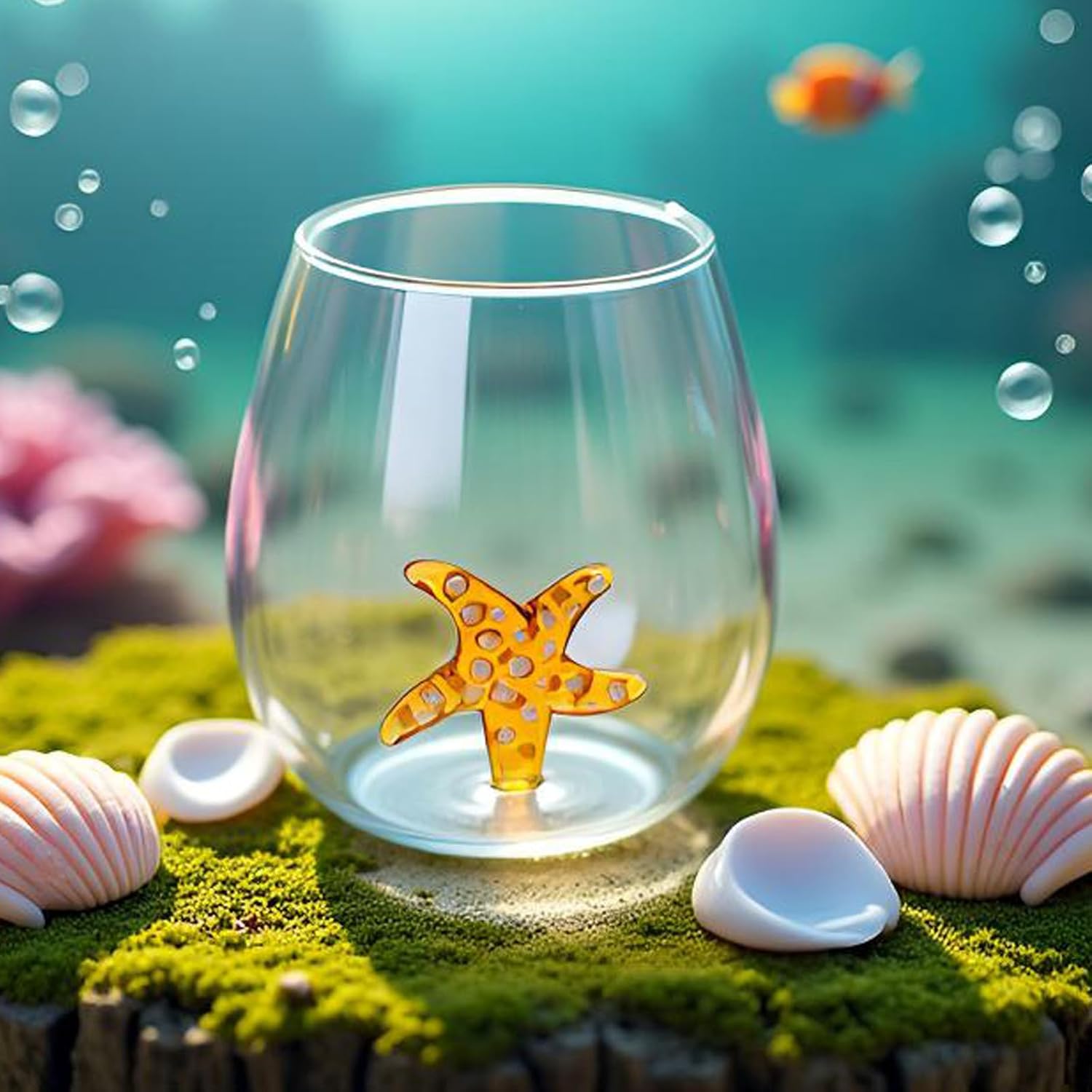 17 oz 2 Set Wine Glasses with Starfish Inside, Unique 3D Item, Glass Cup Gifts for Lovers Parties, Birthdays, Weddings (500ml 17 oz)