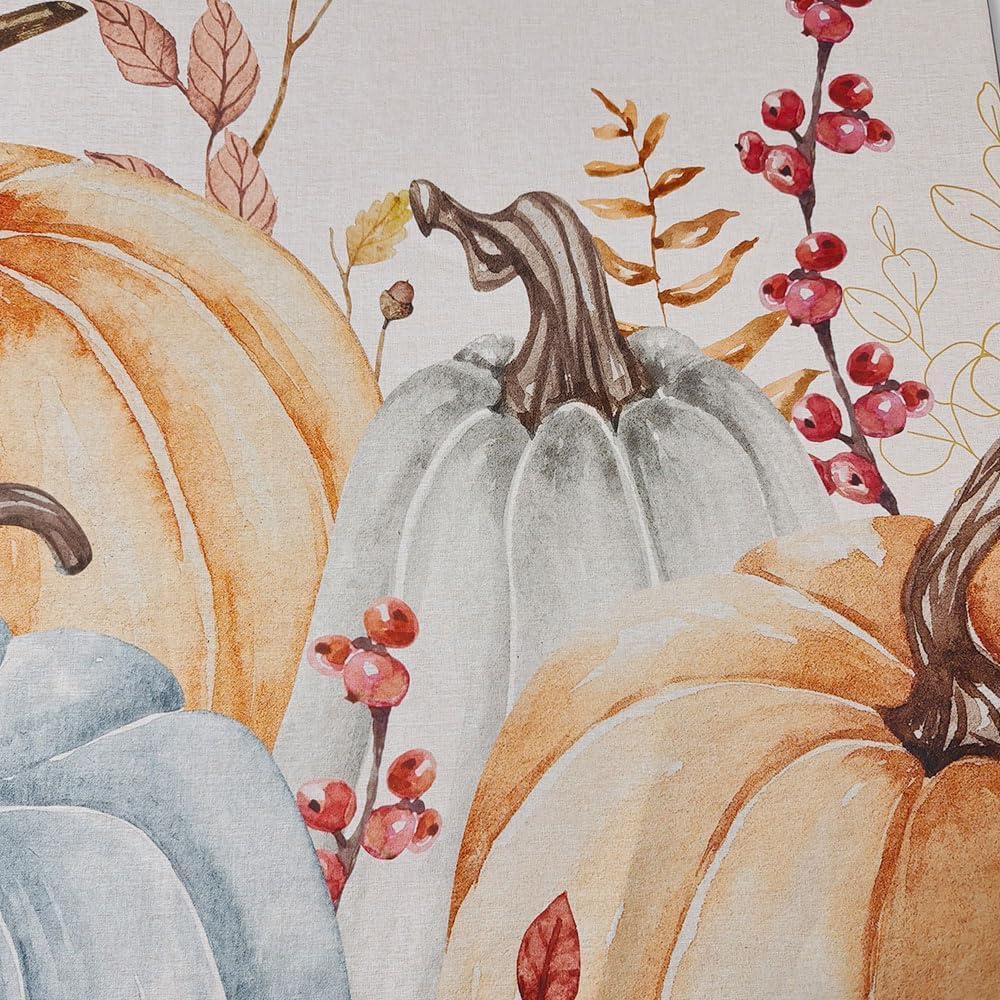 Fall Pumpkins Leaves Linen Shower Curtain Yellow Orange Watercolor Eucalyptus Leaves Fabric Shower Curtain Set with Hooks, Autumn Thanksgiving Harvest Shower Curtains for Bathroom, Bath Curtain 71x84"