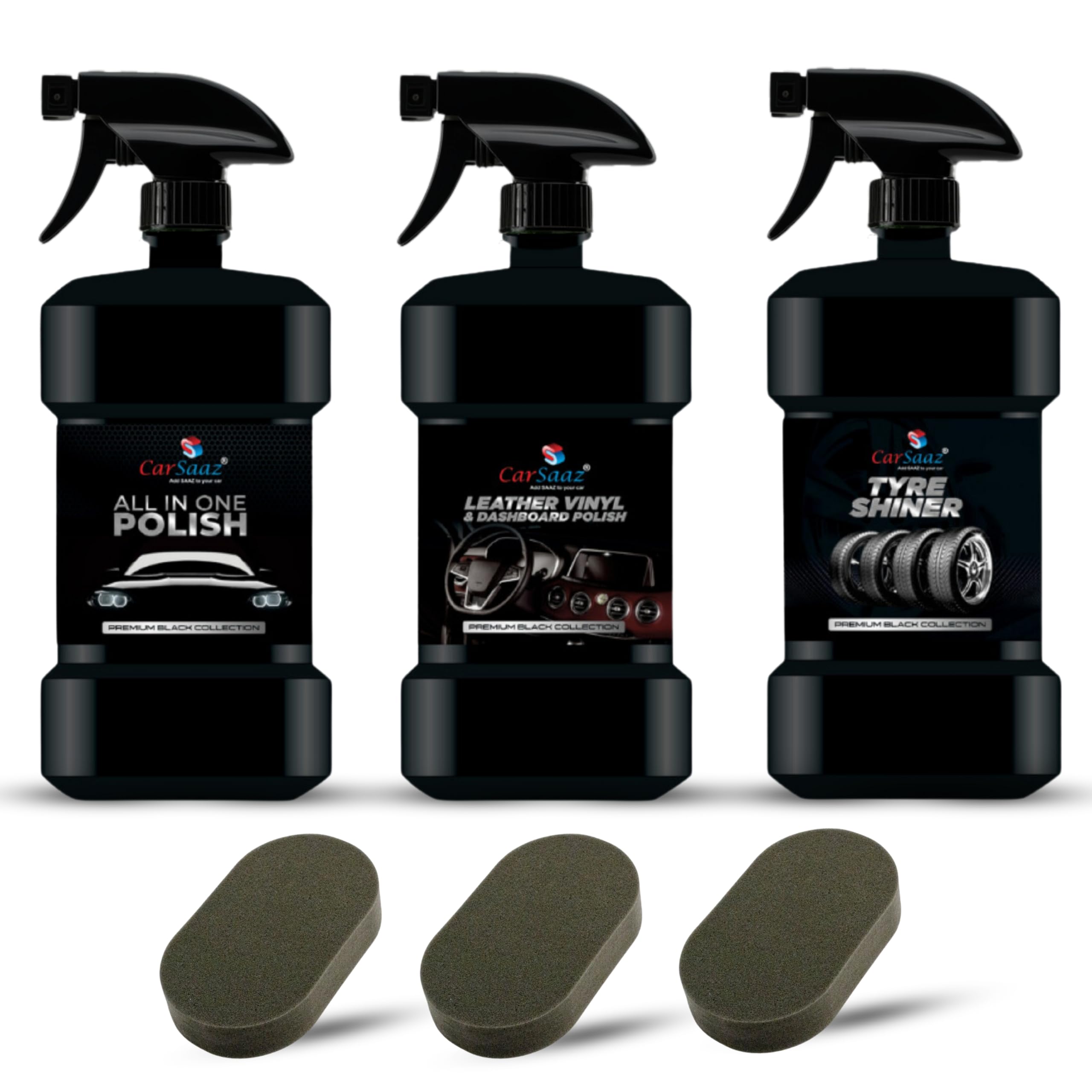 CAR SAAZ Car & Bike Polish Combo | Includes All in one Polish, Dashboard Polish, Tyre Shiner (200ML Each) + 3 Applicator Pads | Shine & Protect