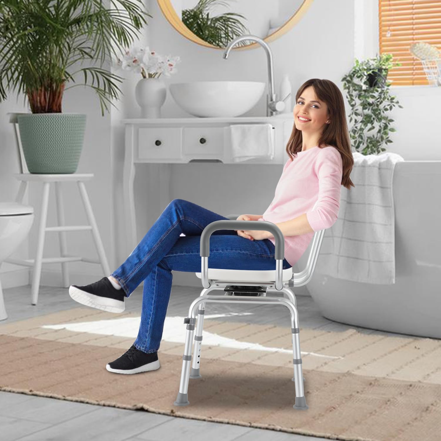 Alu-Duschhocker 3-in-1 bis 135 kg mit Rückenlehne für Senioren | Für Dusche, WC-Hilfe und Intimpflege; 6-fach 40–53 cm, mit Ablaufsitz, Polster, Anti-Rutsch-Füßen, einfach montierbar.