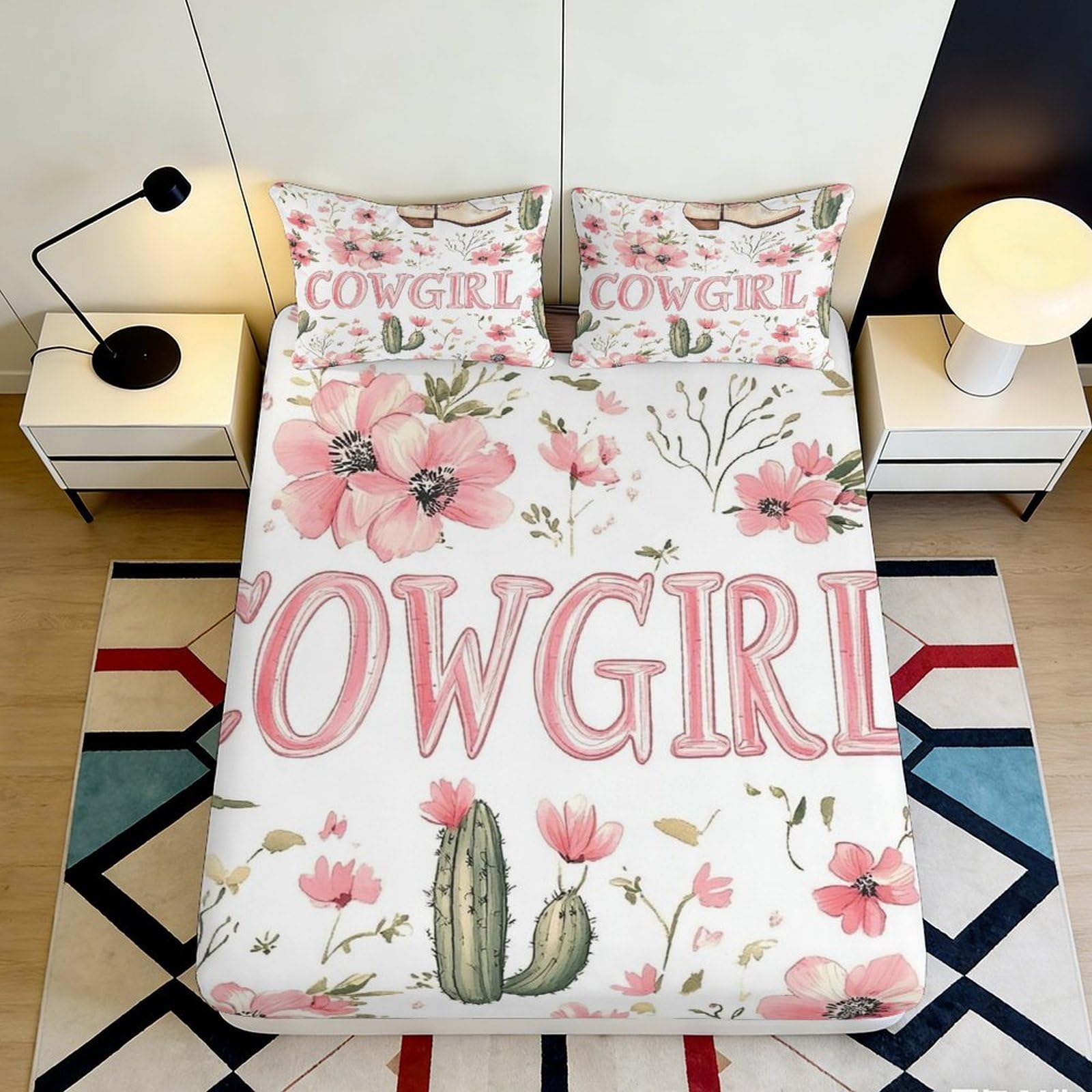 3D Printed Western Floral Fitted Sheet Microfiber Deep Pocket Non-Slip Cowgirl Cactus Mattress Fitted Cover for Bedroom 120x200x25cm