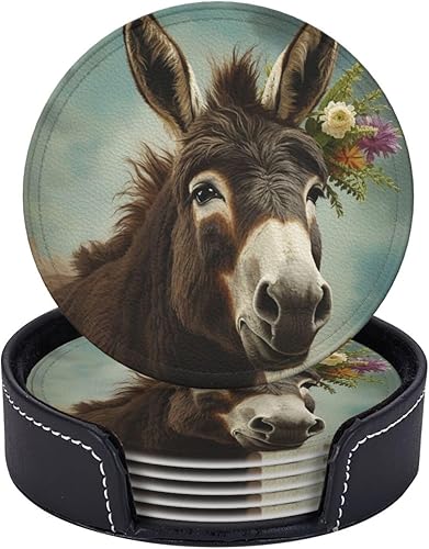 Miniatura 2 de Juego de 6 posavasos de cuero con estampado de animales de burro, resistentes al calor para bebidas, tapete redondo con estuche de almacenamiento