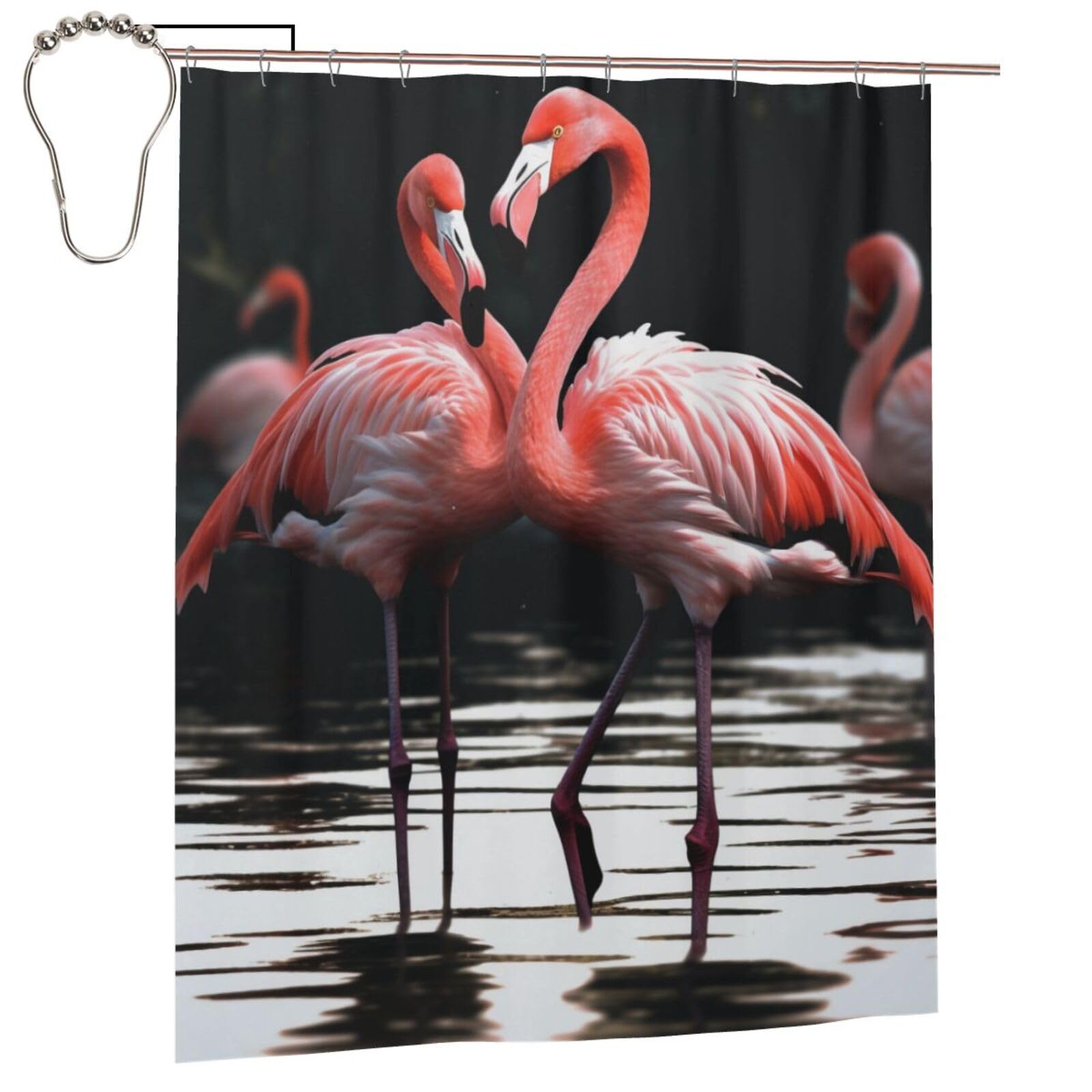 BWWHCCTI Cute Flamingo Printed Shower Curtain With 12 Iron Hooks Opaque Quick Drying Waterproof Shower Curtains Sets For Bathroom 152x183 Cm