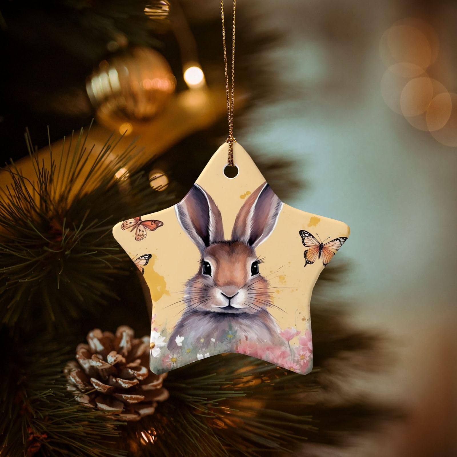Christmas Tree Ornaments Ceramics Christmas Decorations Rabbit and Butterfly Ornaments with Gold Ribbon Porcelain Xmas Tree Crafts Star Shape Hanging Pendant for Christmas Tree Party Decor