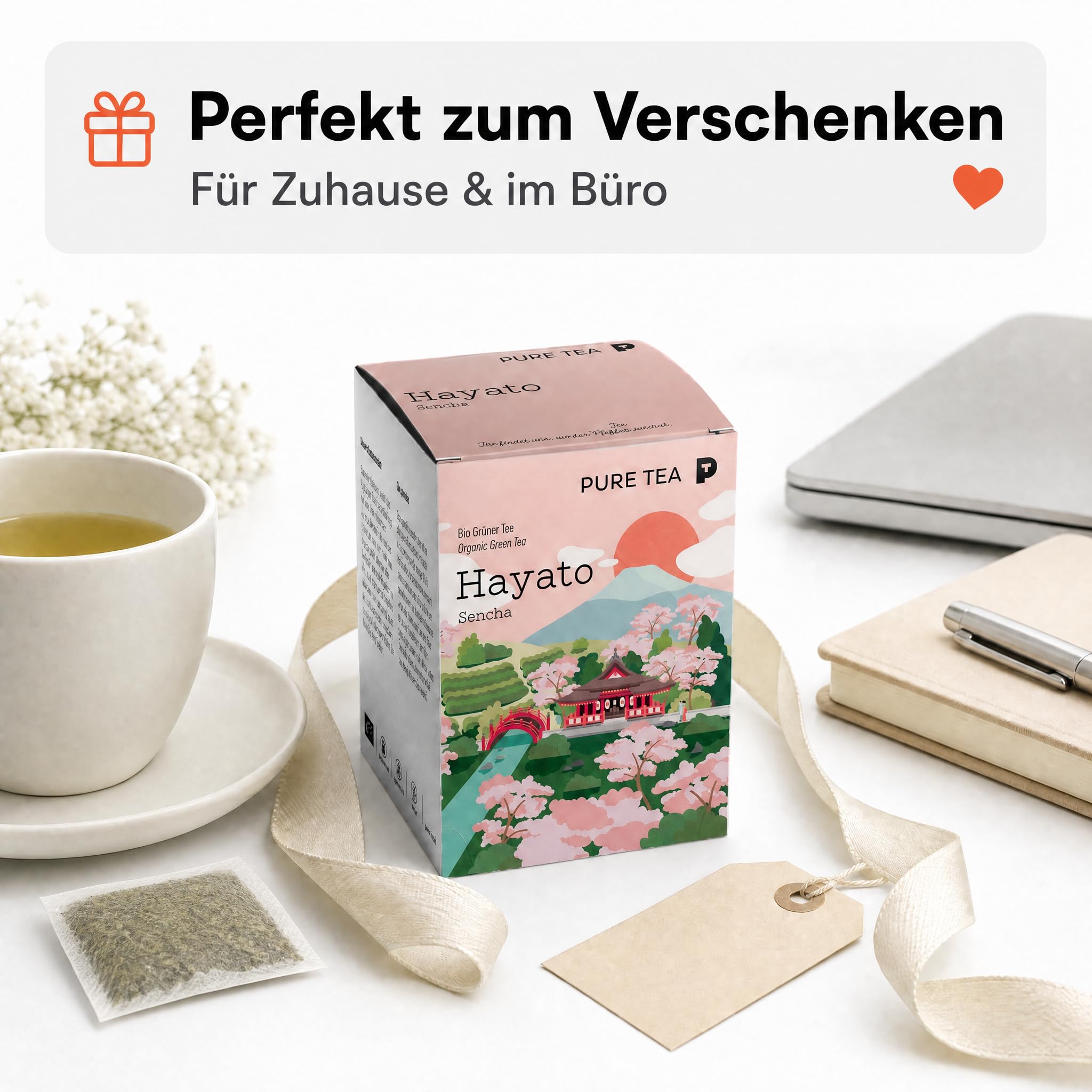 6 x Pure Tea Grüner Tee Sencha Hayato, japanischer Grüntee im Kissenbeutel, 15 Beutel à 3 g, Premiumqualität, Dispenserbox, frisch-duftiges Aroma