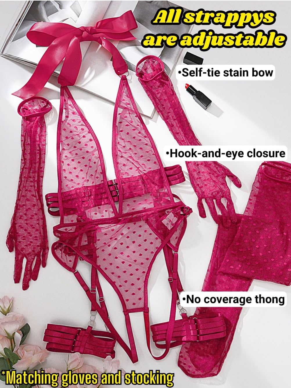 ChiaoLezhee Sheer Mesh Bodysuit, Sexy 5PC Lingerie For Women, Plunge Neck Halter Backless, Garter Belt Thigh High Stockings