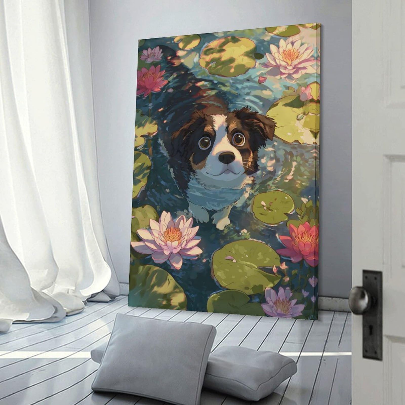 Junmoney Dog in Lily Pond Illustration Hanging Wall Art, 24x36inch(60x90cm), for New Homes, Bedrooms Or Workspaces, Thoughtful Wall Decor for Art Lovers