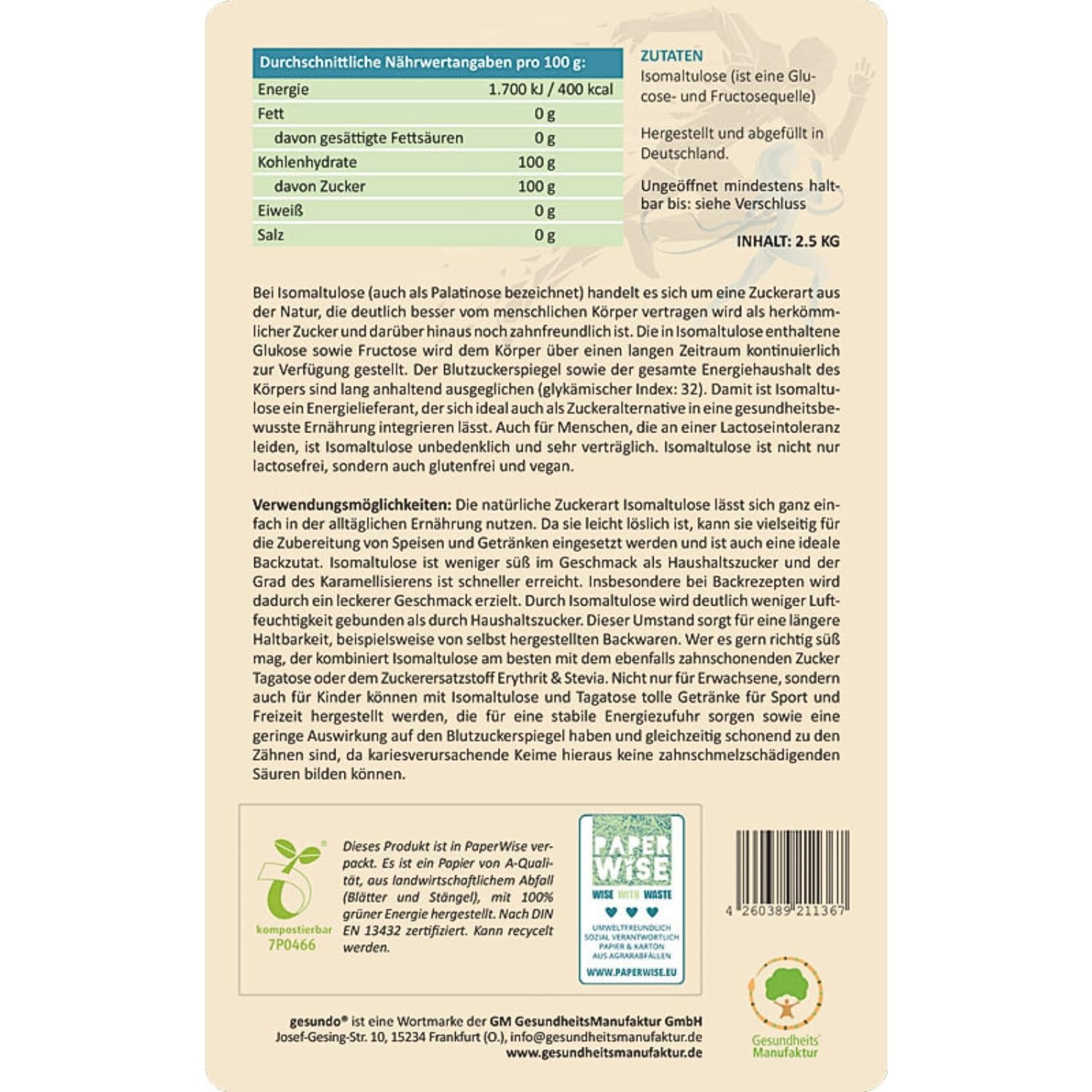 gesundo Isomaltulose Palatinose - Zuckerersatz - 2.5kg Beutel