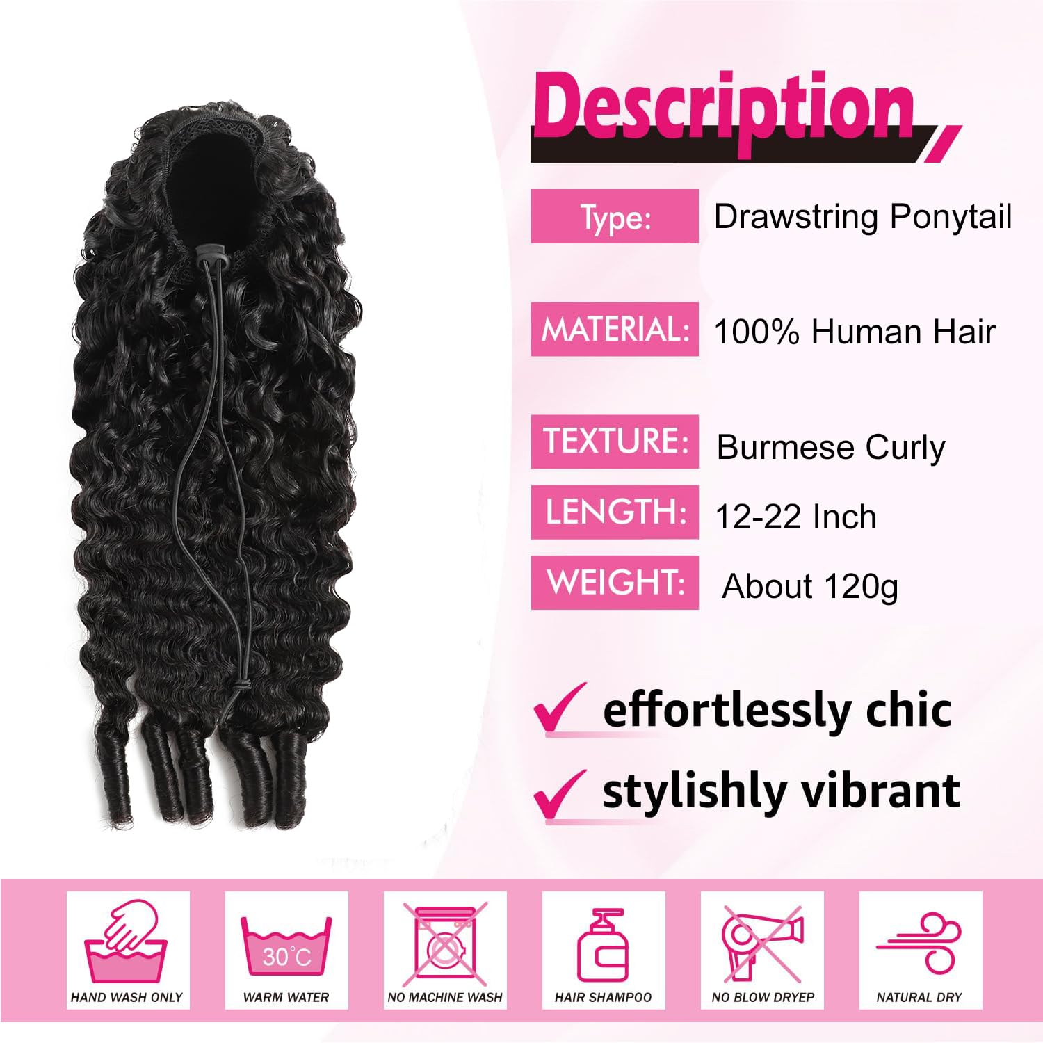 Burmese Curly Ponytail Extensions Human Hair 3C4A Curly Unprocessed Human Hair Ponytail for Women Clip Ins Drawstring Hair Pieces with Spiral Curls 12 Inch Natural Black