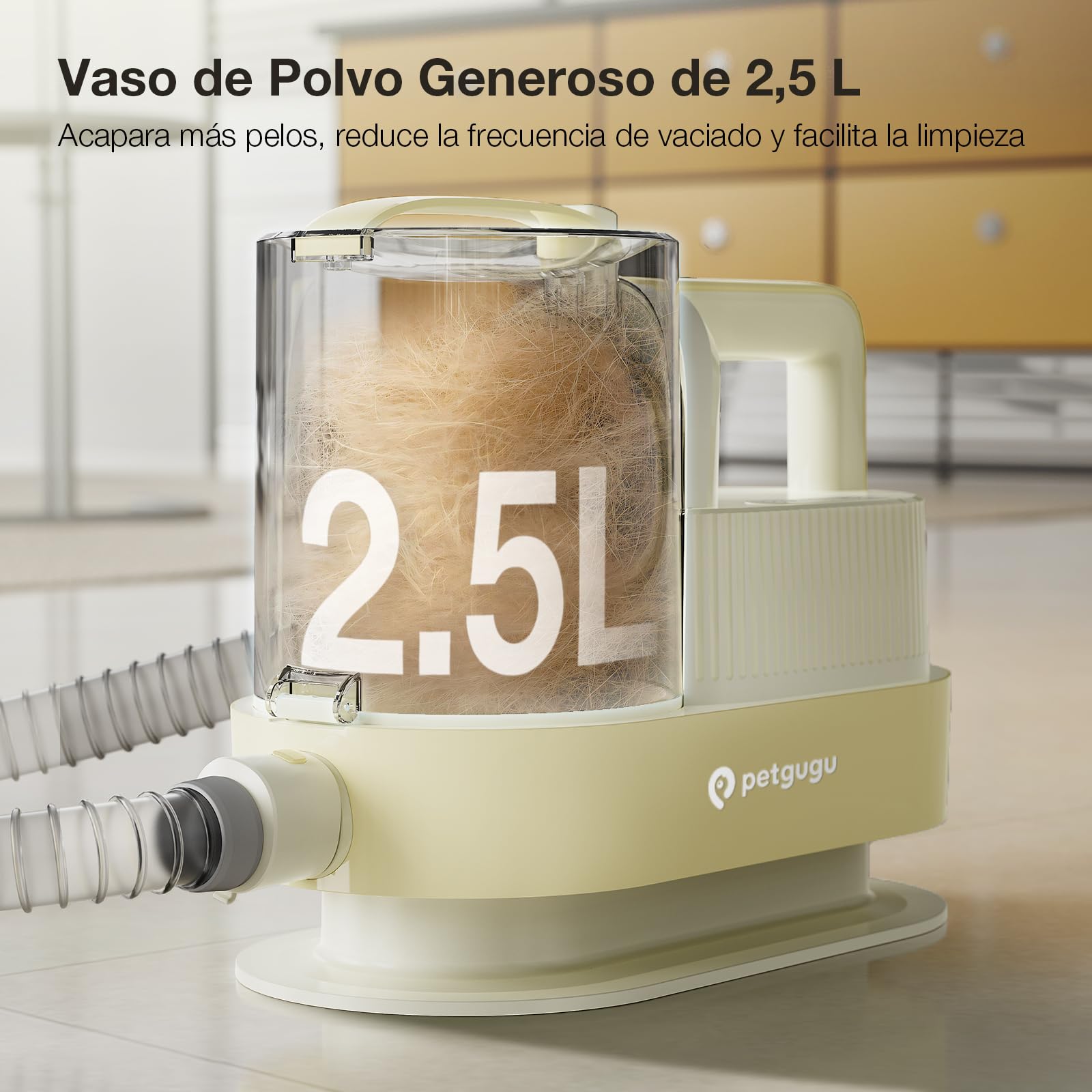 Maquinilla Eléctrica para Perros 7 en 1 con Aspirador de Pelo–Cortapelos Mascotas Silencioso 2,5L,Cepillo Aspirador para Perros y Kit de Higiene Profesional Amarillo