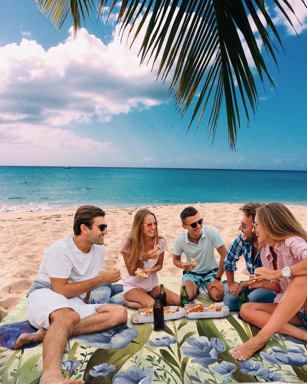 Tulip Blue Purple Flower on Burlap Beach Blanket Waterproof Sandproof Outdoor Picnic Mat 95"x80" Watercolor Botanical Leaves Lightweight Large Beach Blankets with 4 Stake & 4 Corner Pockets