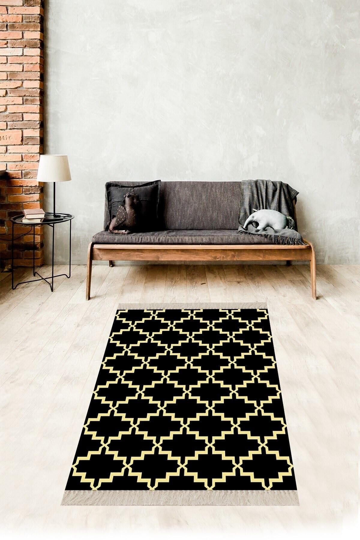 Pelangi Geometrik Gold Karo Desenli Dijital Baskı Yıkanabilir Kaymaz Taban Modern Salon Halısı, Gold-Siyah 160 x 230, 1573116023005