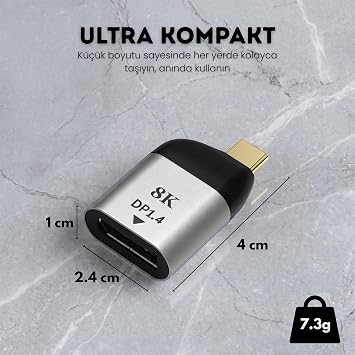 Type-C to DisplayPort 1.4 Çevirici Mini Adaptör - 8K'ya Kadar Destek - USB-C'den DP Görüntü Dönüştürücü - Alüminyum Gövde - Laptop Tablet Telefon Uyumlu - Tak Çalıştır
