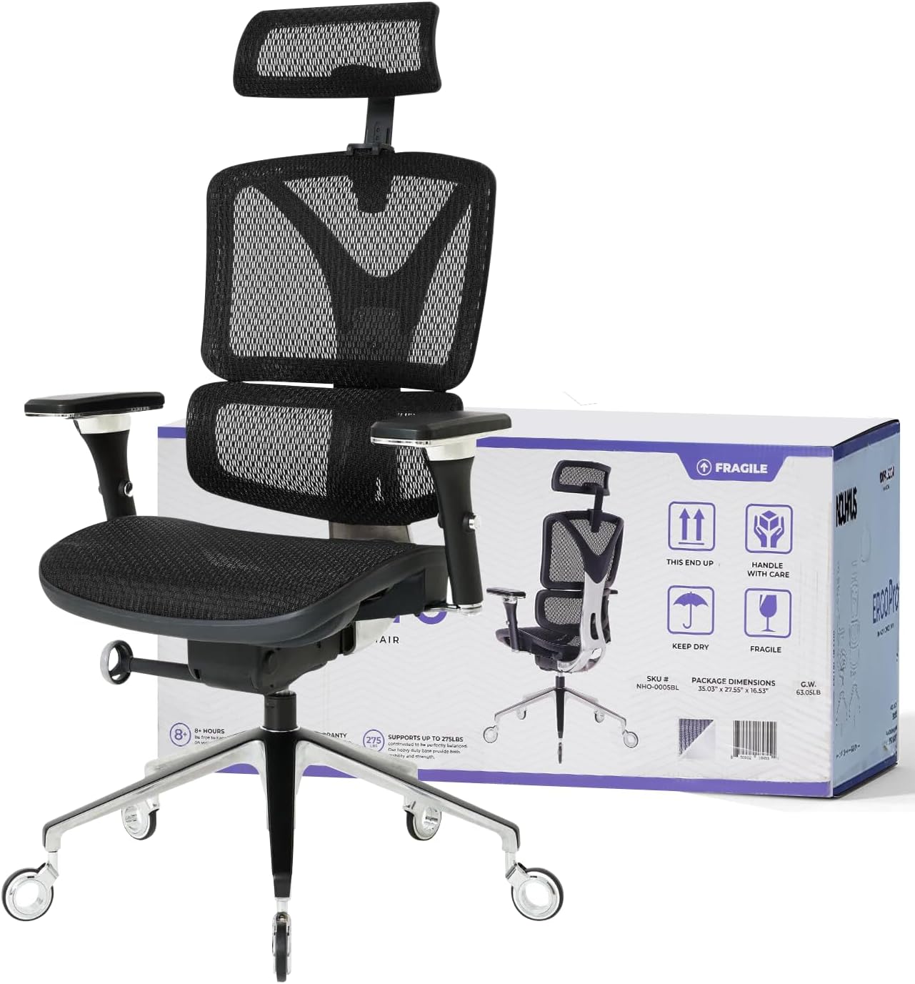 Ergonomic Office Chair Lumbar Support Aluminum Alloy Backrest, High Back Mesh Computer Desk Chair with Adjustable Headrest, 4D Armrest and Premium Wheels(ErgoPRO,Black)