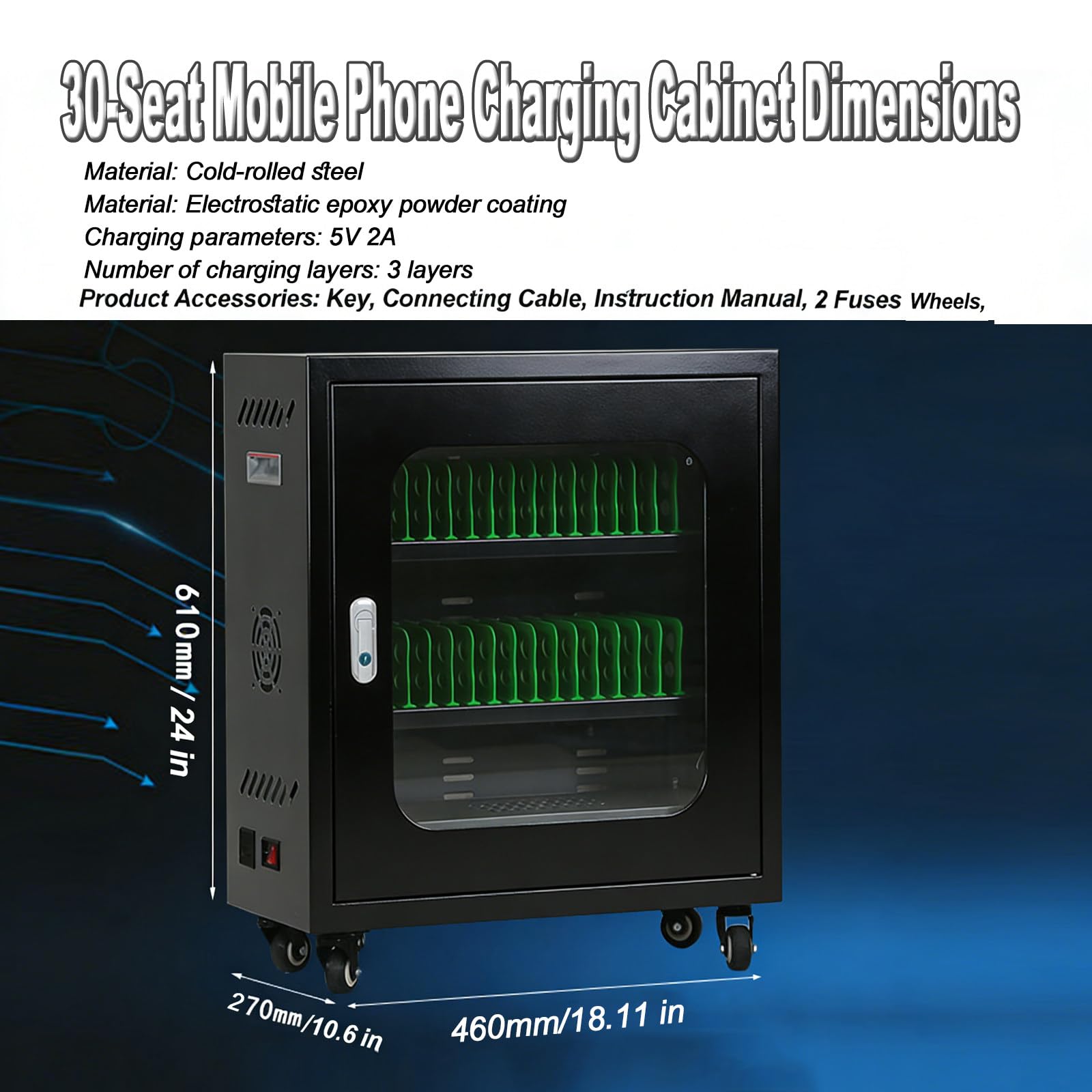 Wózek Ładujący USB 30 Portów Black | Szafka Do Ładowania Telefonów 5V/2A Z Zamykanym Schowkiem, Stacja Ładowania Urządzeń Mobilnych Do Szkół I Biur