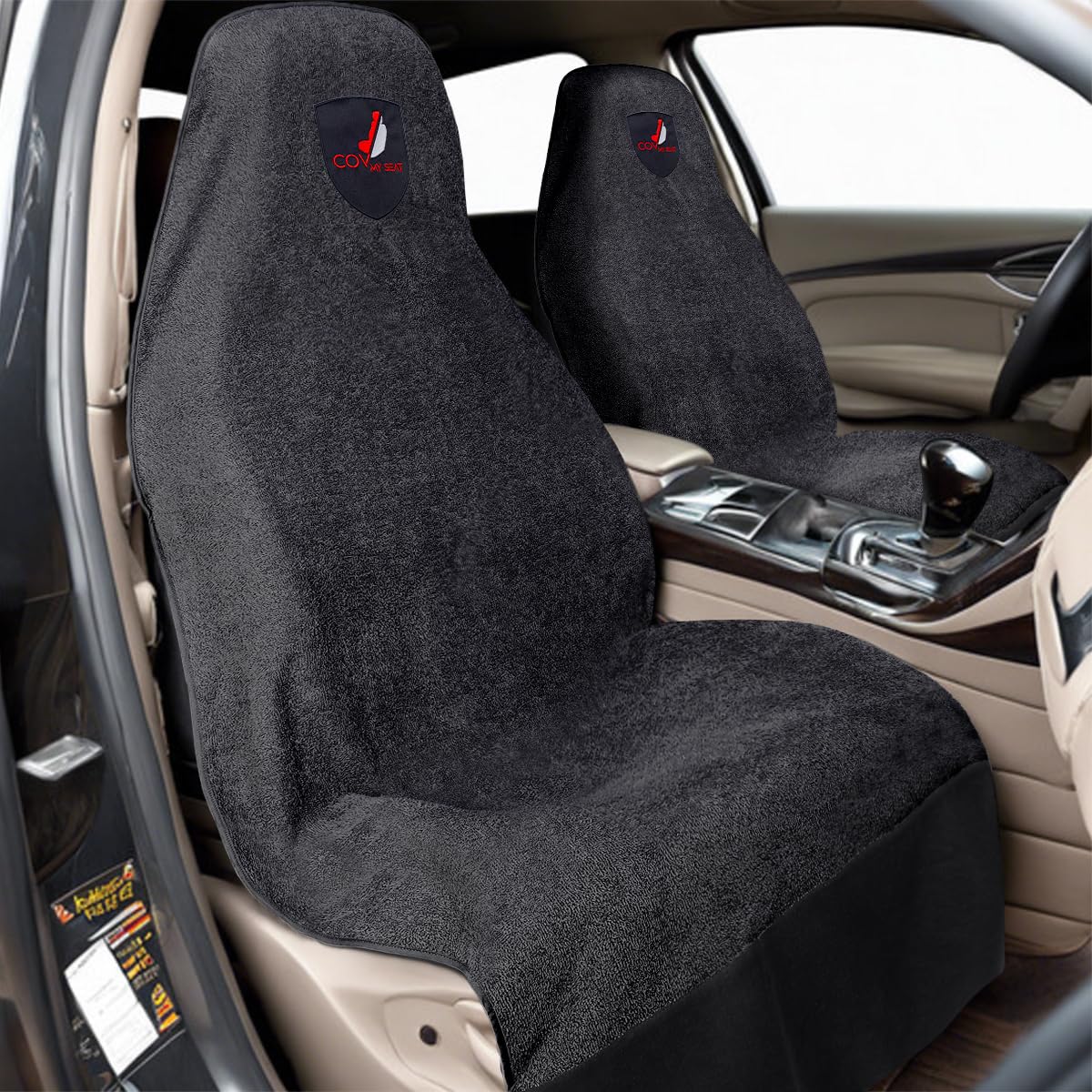 Serviette Siège Voiture – Protection Transpiration Sport, Gym, Plage – Housse Siège Auto Coton Éponge Absorbant – Protège Sièges Cuir et Tissu – Lavable - Noir Blason Rouge X 2