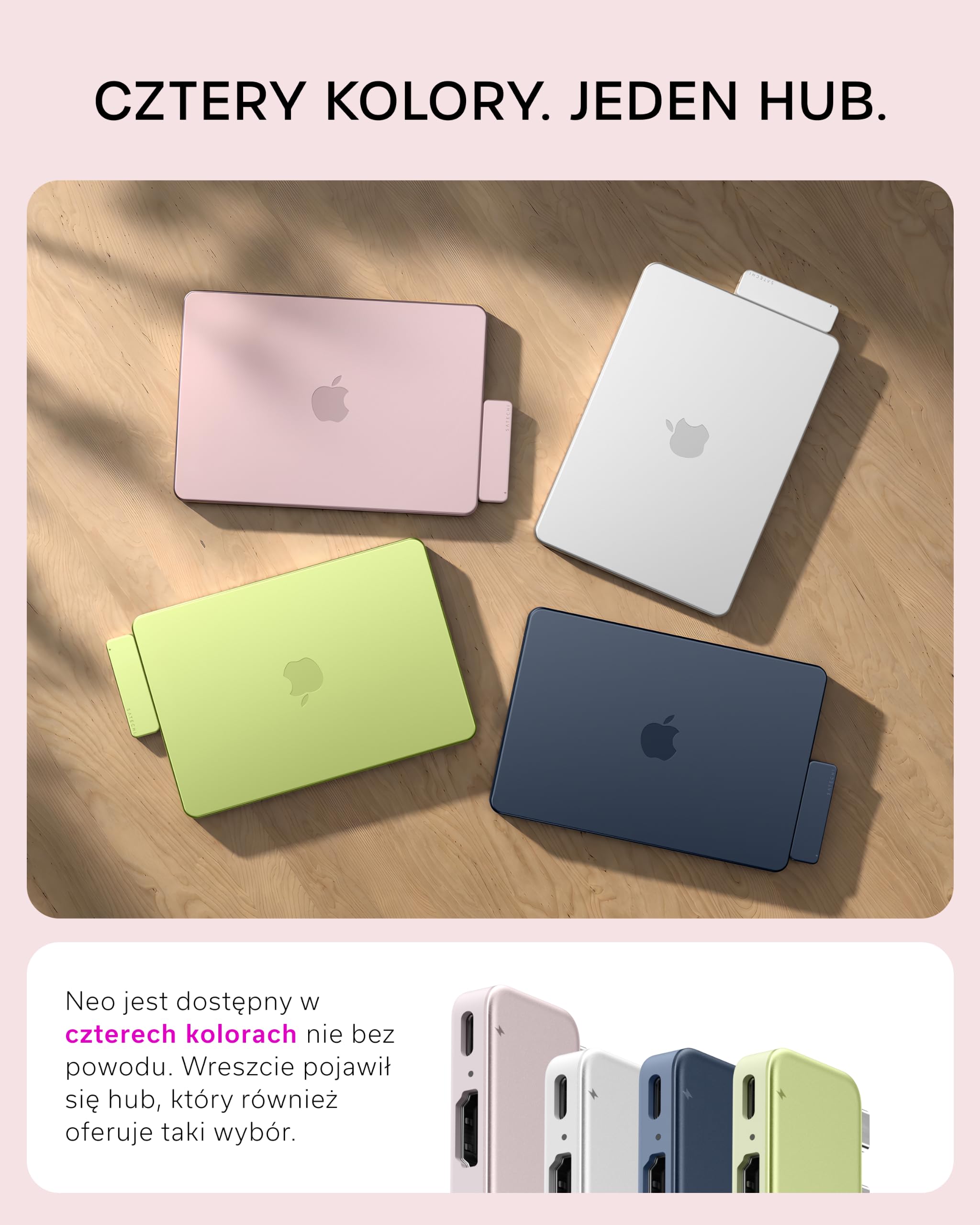 SATECHI hub USB-C Snap 6 w 2 do MacBooka Neo, różowy
