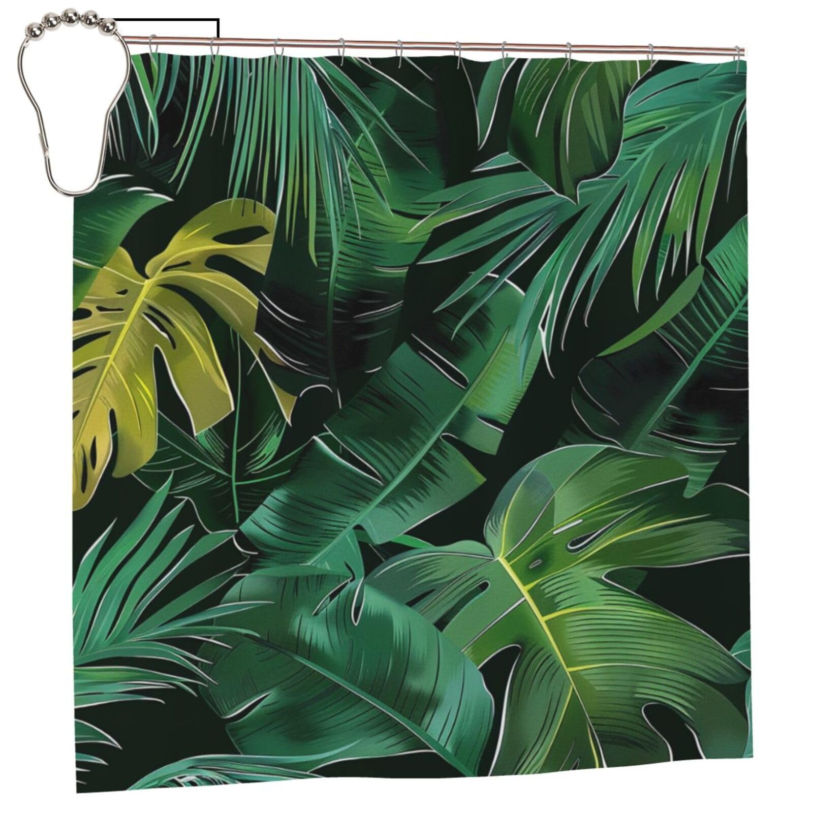 BWWHCCTI Tropical Banana Leaf Printed Shower Curtain With 12 Iron Hooks Opaque Quick Drying Waterproof Shower Curtains Sets For Bathroom 183x183 CM