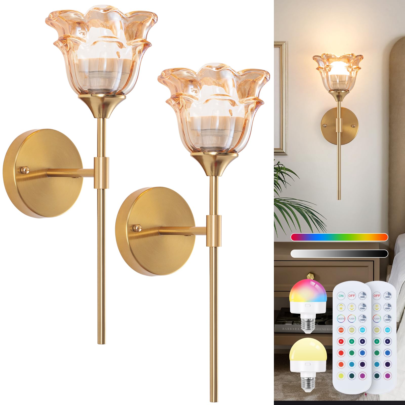 Vloitgol Vintage Battery Operated Wall Lights with Amber Glass Lampshade Wireless Rechargeable Battery Powered RGB Wall Light with Remote Control for Indoor Bedside Bedroom Hallway LivingRoom, 2 Pack