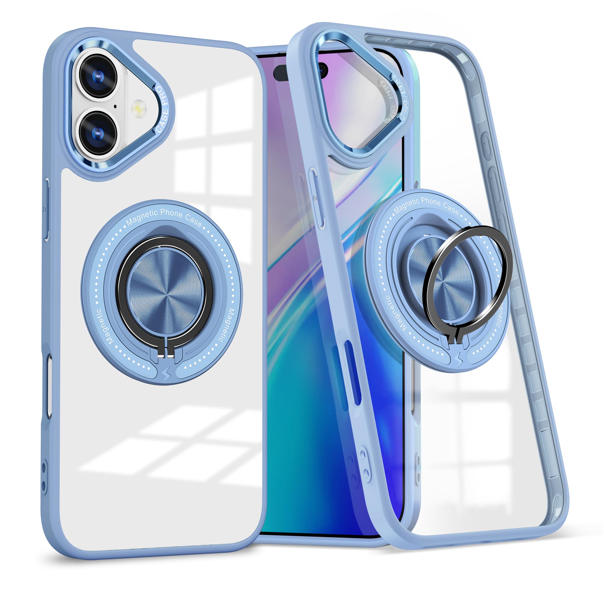 Coque iPhone 16 MagSafe transparente avec anneau de support bleu clair antichoc - 7