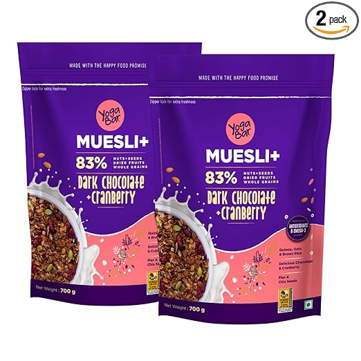 Yogabar Wholegrain Breakfast Muesli - Dark Chocolate + Cranberry, 700g (Pack of 2) (Super Saver Pack) | Healthy Breakfast Cereals | Granola | Gluten Free | Antioxidant Rich | Healthy Food for Breakfast | Protein Rich