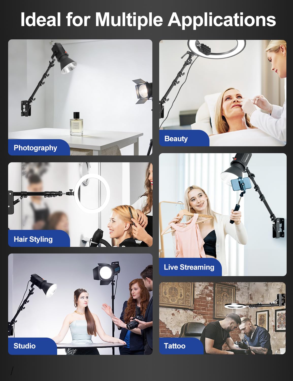 AMBITFUL Supporto da parete per luce ad anello, braccio triangolare da 110 cm, supporto per luce ad anello per salone, streaming live, tatuaggi, studi fotografici, supporto di rotazione a 180°