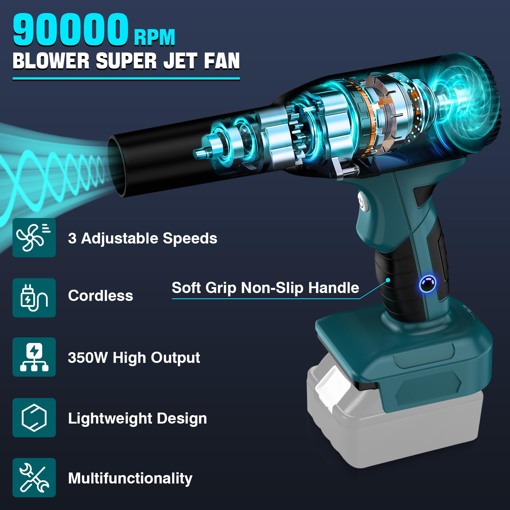 Soplador de hojas para batería Makita18 V, 90000 rpm, aspirador de hojas eléctrico inalámbrico con 3 velocidades para secar el pelo, limpiar el coche, teclado