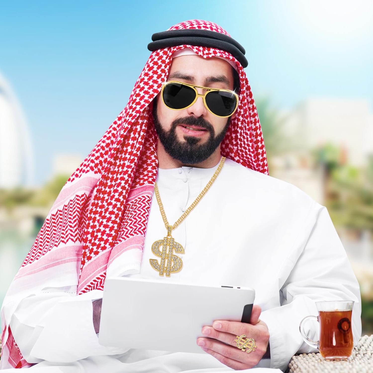 XEPST Arab Costume Set for Men - 5PCS Arabian Costume Accessories Set with Keffiyeh Head Wrap Scarf Arab Black Headband Arab Muslim Costume for Men Halloween Costume Cosplay Carnival Fancy Dress Up - Image 5