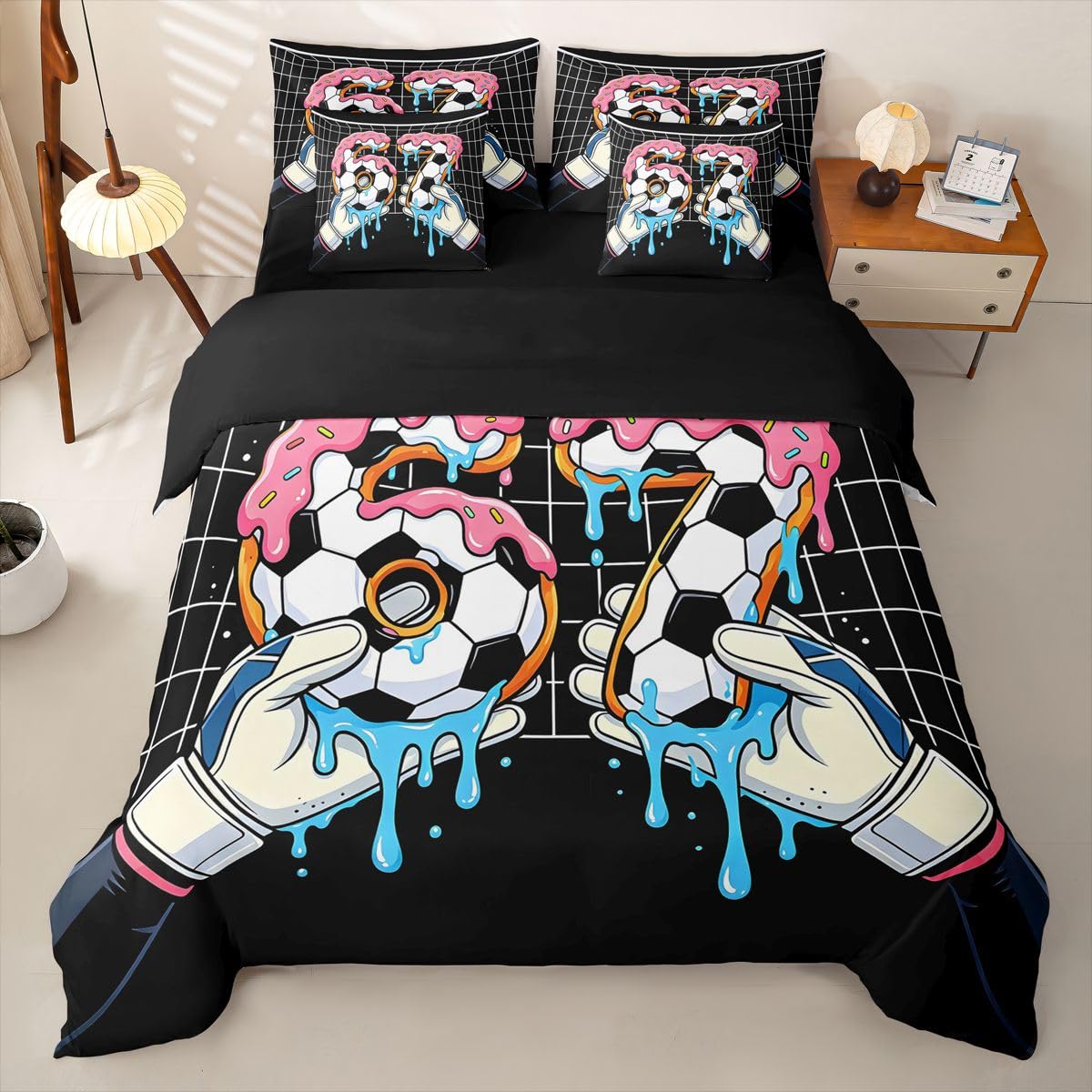 Loussiesd SIX SEVEN 6 7 Ice Cream Football Copripiumino Singolo 7 Pezzi Calcio Set di Biancheria da Letto per Bambini Ragazzi Ragazze Dolce Dessert Bed in a Bag con Copripiumino, Lenzuola, Federe