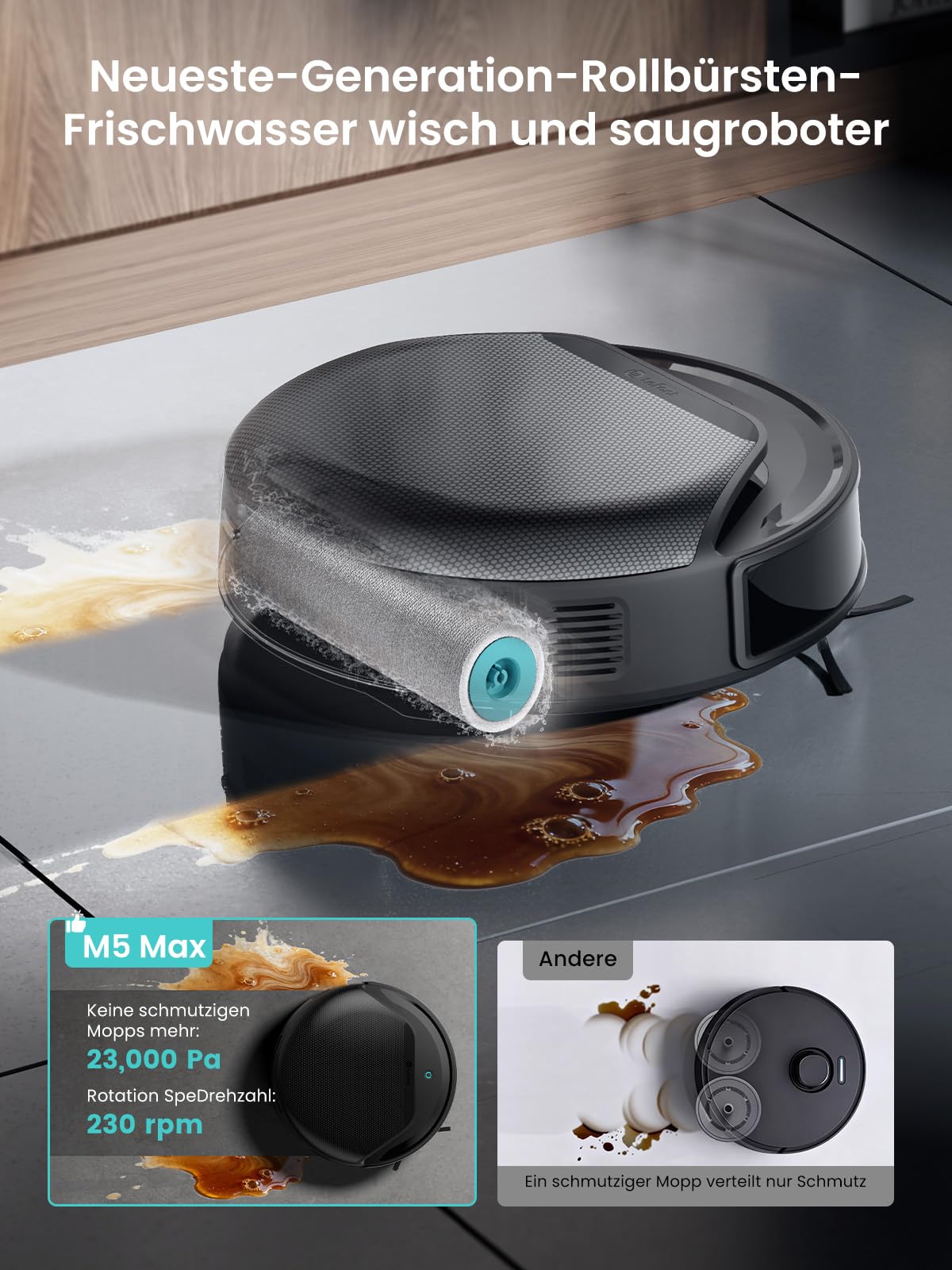 Lefant M5 Max Saugroboter mit Wischfunktion, 23000 Pa Saugkraft, dToF LiDAR Navigation, Dual-Band 5GHz/2.4GHz WLAN, selbstreinigende Wischtuch-Saugstation, intelligente Sprachsteuerung, Schwarz