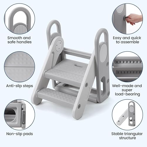 Miniatura 2 de Taburete plegable para niños pequeños, taburete ajustable de 3 escalones con asas, taburete para niños para lavabo de baño, encimera de cocina,