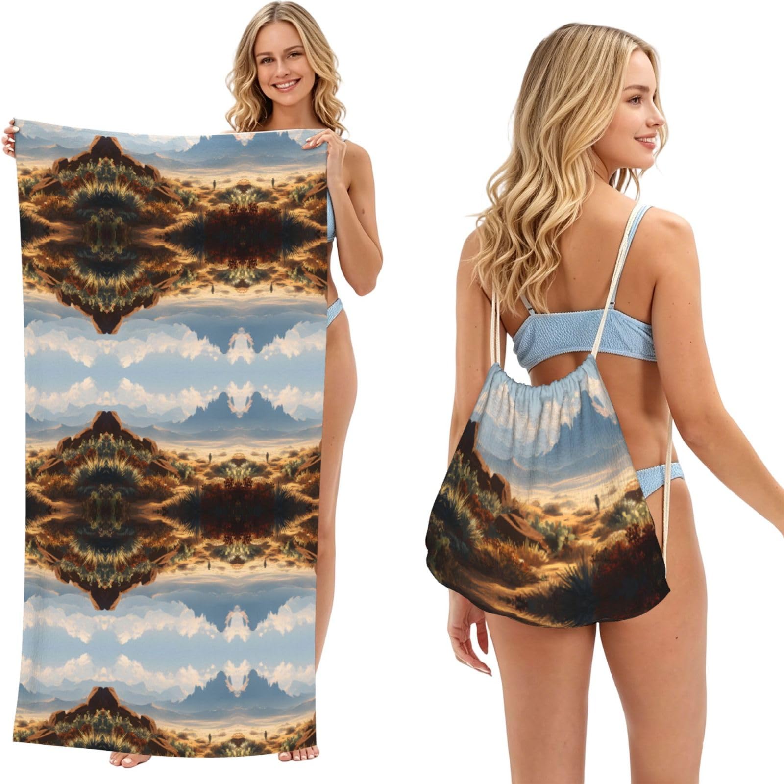 EZDLOWVBA Desert Print Beach Towel Backpack 2 In 1 Summer Large Lightweight Beach Towel - Multifunctional Ship Pattern Towel Bag For Storage,Sport
