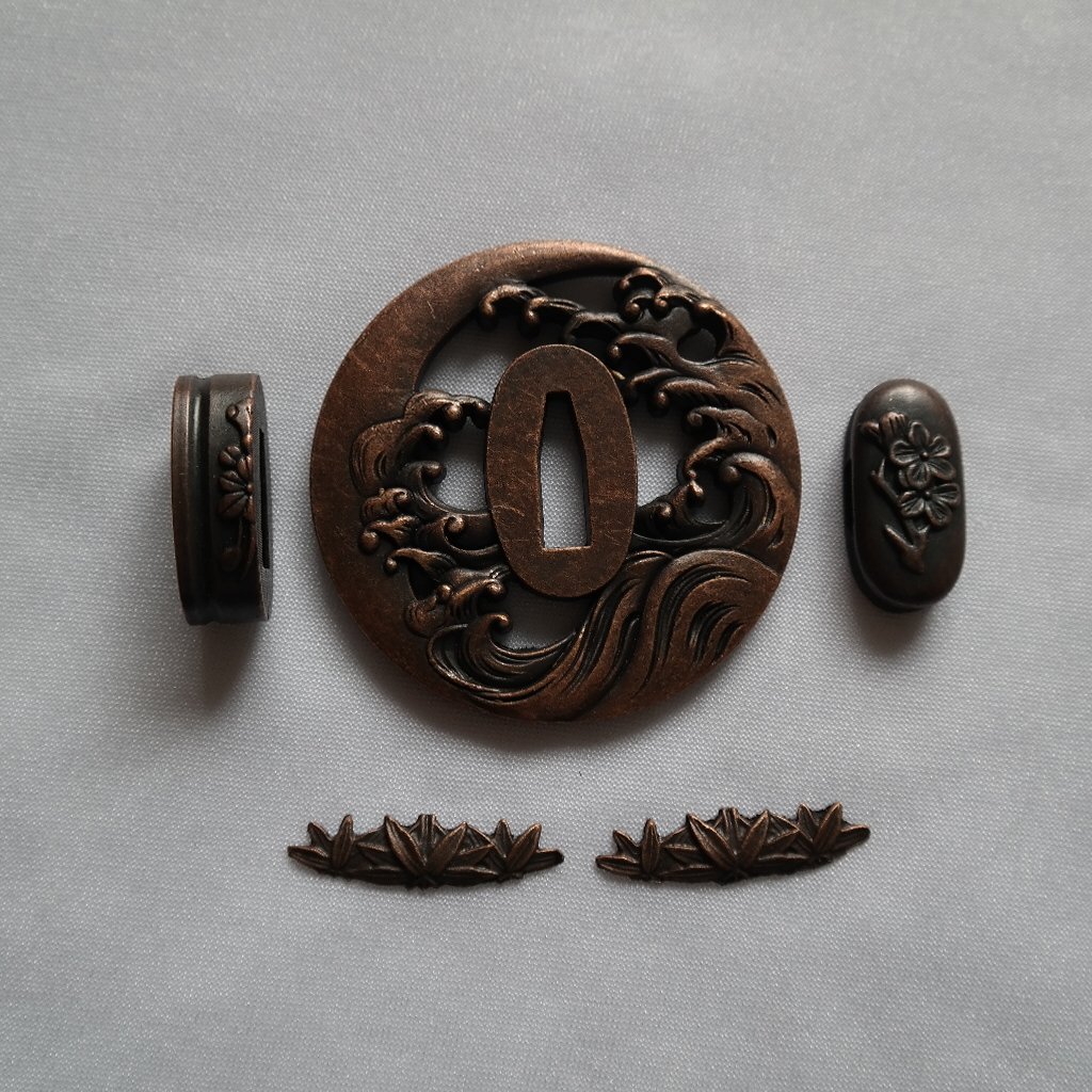Samurai Sword Koshirae Set，Alloy Tsuba Fuchi Kashira Menuki Katana Fittings