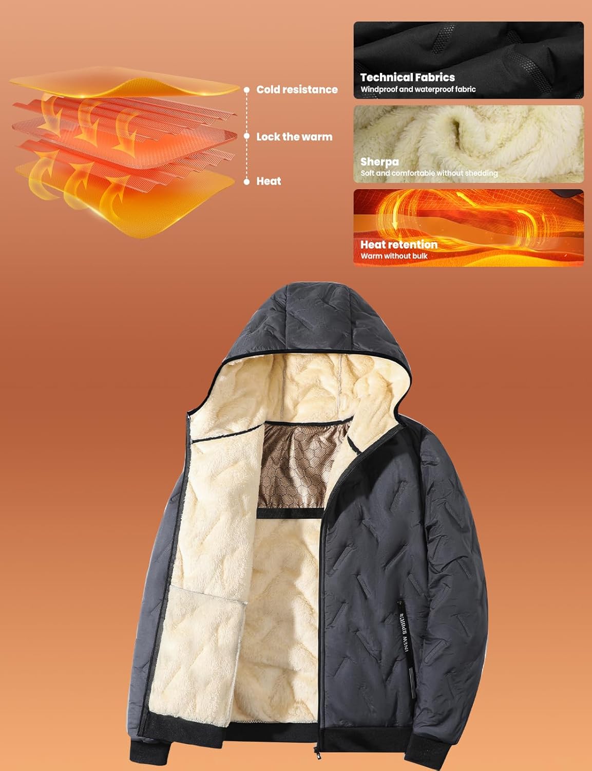 TIHEEN Men's Zip Up Fleece Jacket with Hood,Sherpa Lined Warm Winter Coat Waterproof Windproof Outdoor Hiking - Image 5