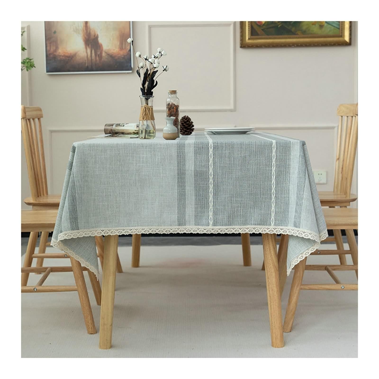 Coffee Table Cover, Modern Tablecloth Oblong Stripes Holiday Table Cover Grey Dining Room Table Cloths Cotton Linen 94X55Inch