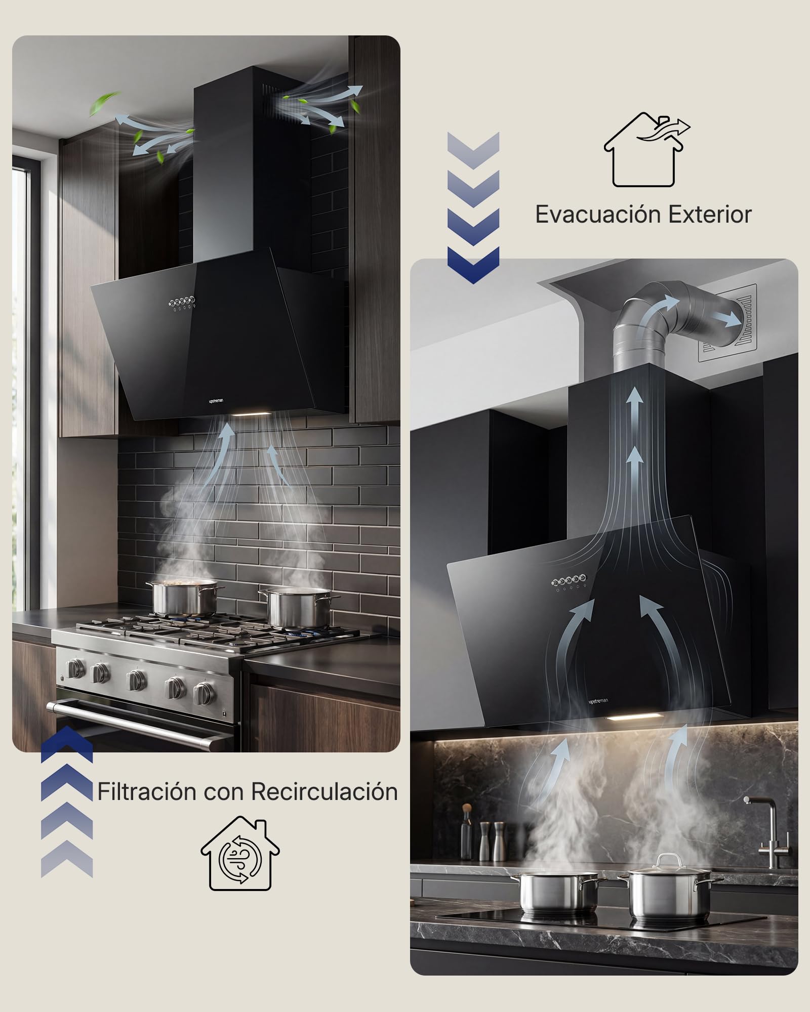 Upstreman Campana Extractora 60 cm, A+++, 56 dB, Diseño Inclinado | 3 vel (324 m³/h), bajo consumo 7 kWh, evita golpes, visión despejada, filtros carbón, LED, filtro lavable, cristal templado