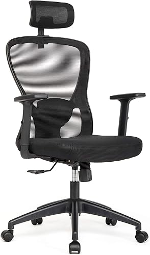 IWMH - Silla de oficina de malla, silla de escritorio ergonómica con reposabrazos y reposacabezas ajustables, cojín de malla, respaldo alto con