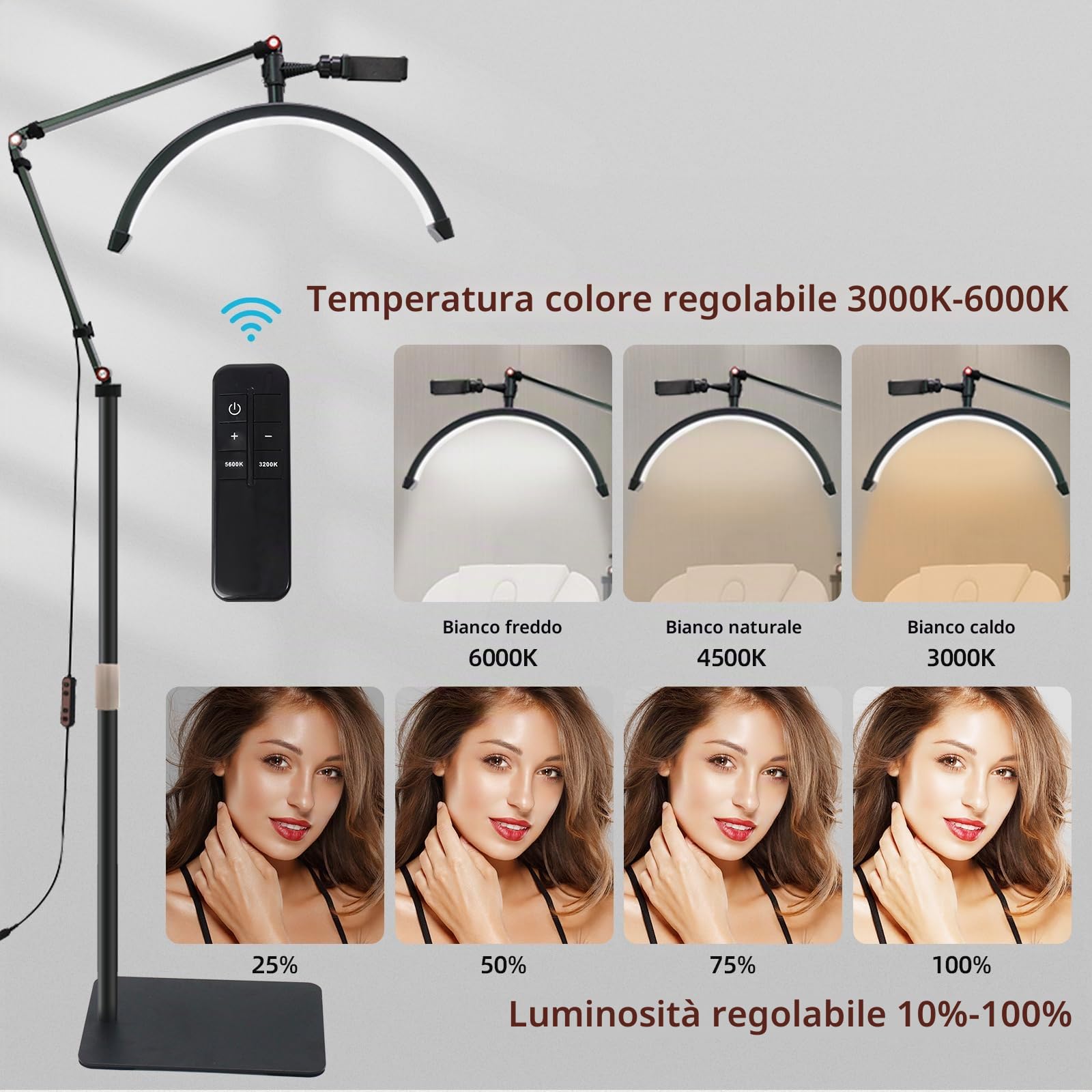 Lampada a mezza luna a LED, lampada da 36 W, lampada per ciglia con testa regolabile a 360 gradi, 3000 K-6000 K, per tatuatori, studi di bellezza.