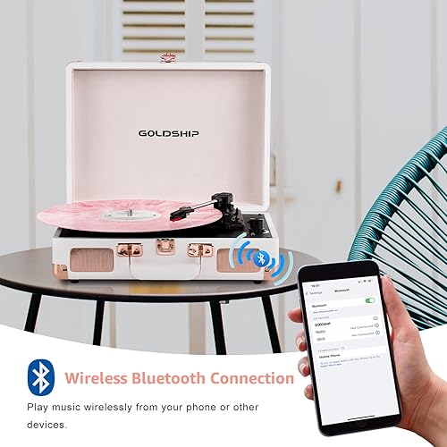 Miniatura 4 de Tocadiscos portátil de 3 velocidades con Bluetooth, batería incorporada, conector para auriculares de 0.138 in, RCA y puertos auxiliares para