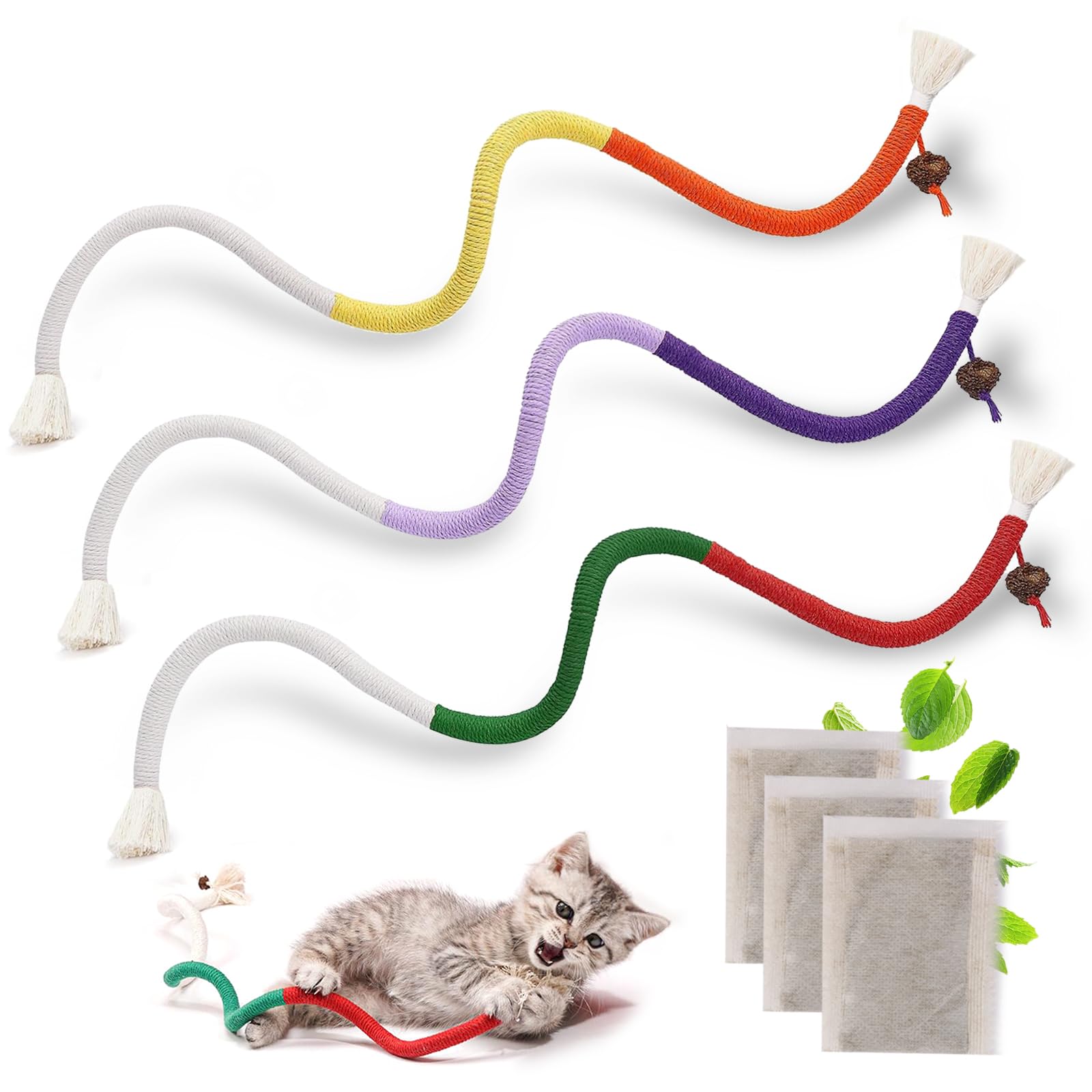 Cat Chew Toy Ropes, 3 Pack Catnip Toys for Teeth Cleaning, Sisal Rope Cat Toy for Indoor Kitten, Interactive Cat Nip Kitty Toys for All Breeds 27.5 Inches (Plus 3 Pack of Catnip)