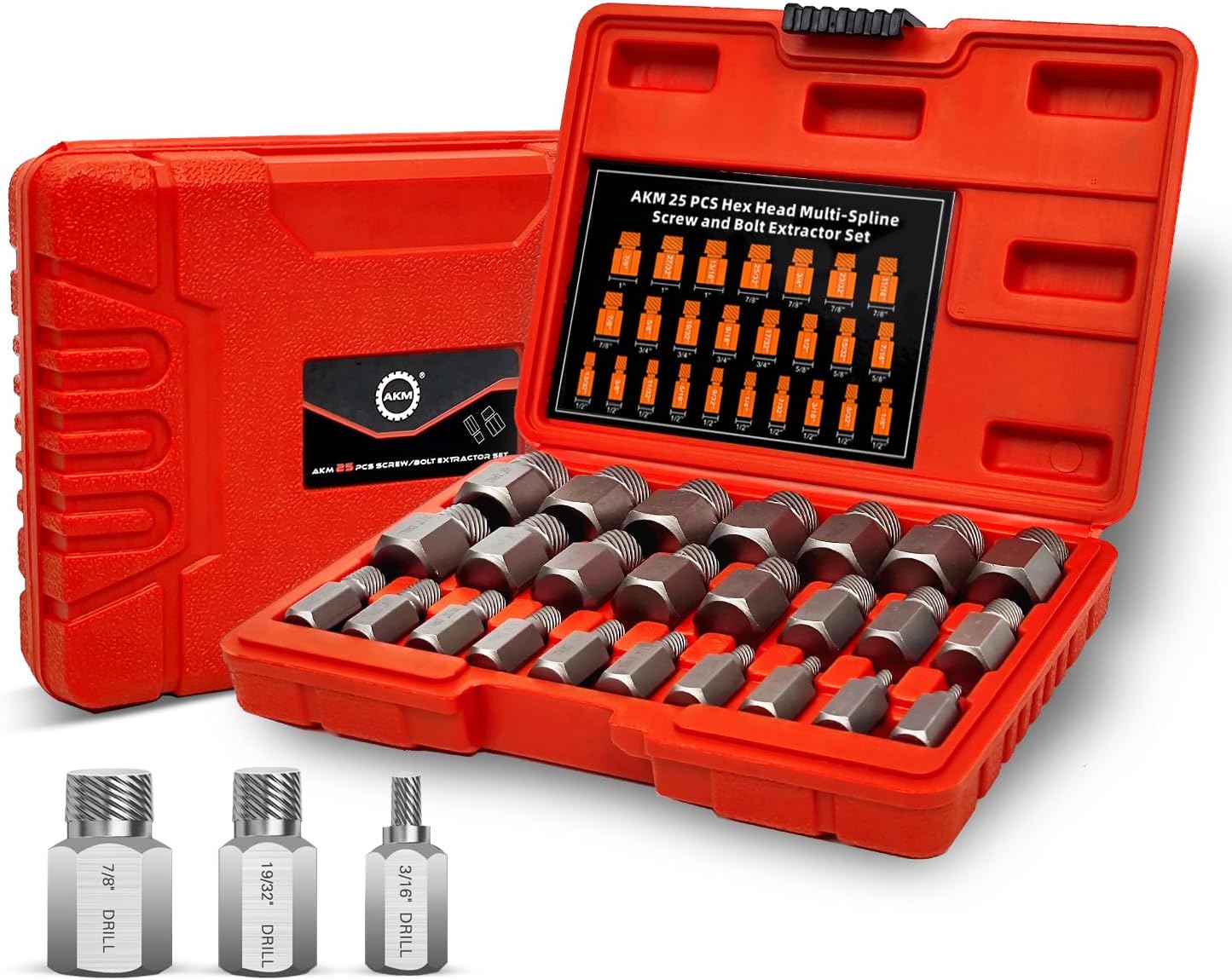 AKM25Pcs Screw Extractor Set, Hex Head Multi-Spline Easy Out Bolt Extractor Set, Chrome Molybdenum Alloy Steel Rounded Bolt Remover