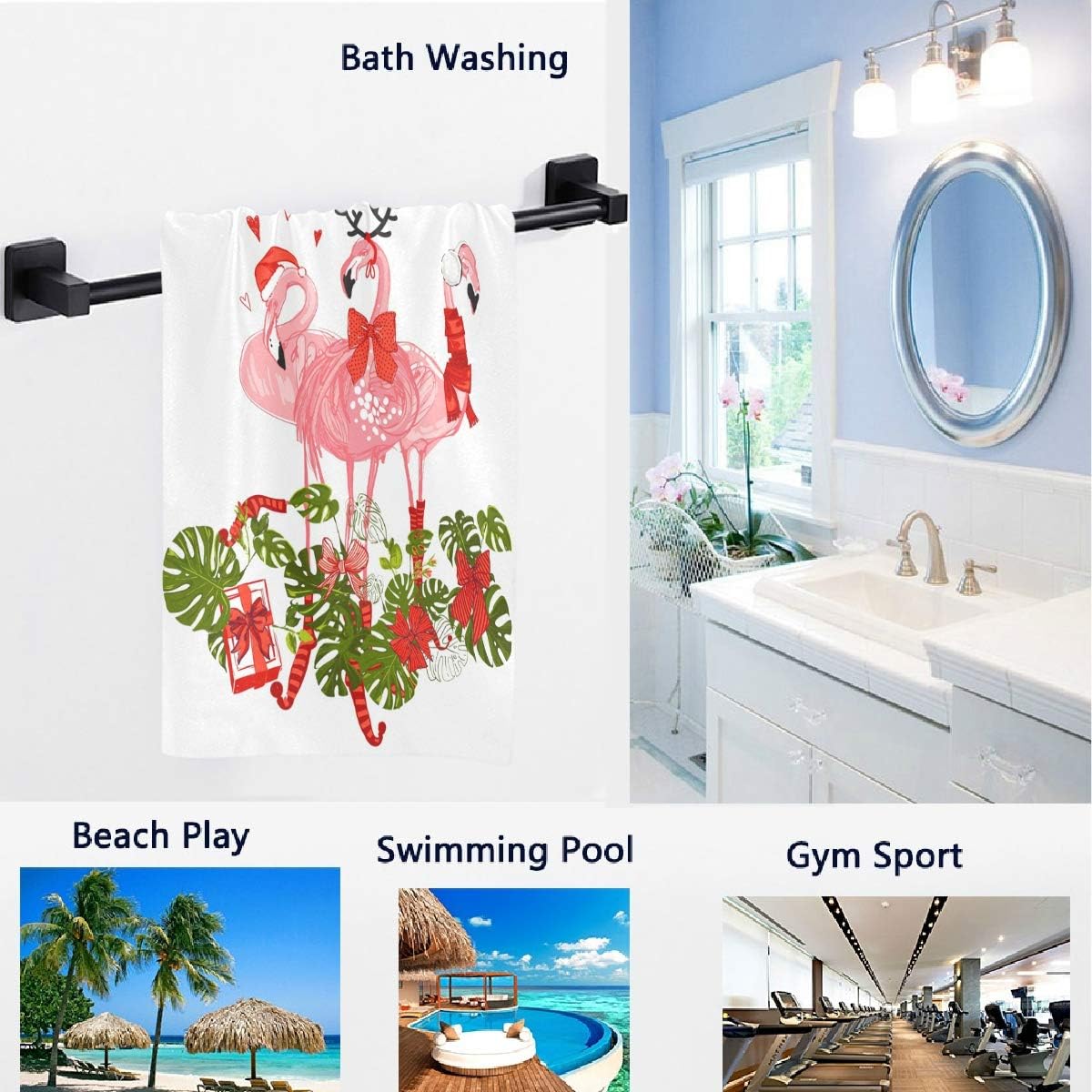 Naanle Christmas Style Tropical Pink Flamingo with Palm Gifts Branch Print Soft Absorbent Large Hand Towels Multipurpose for Bathroom Hotel - Image 3