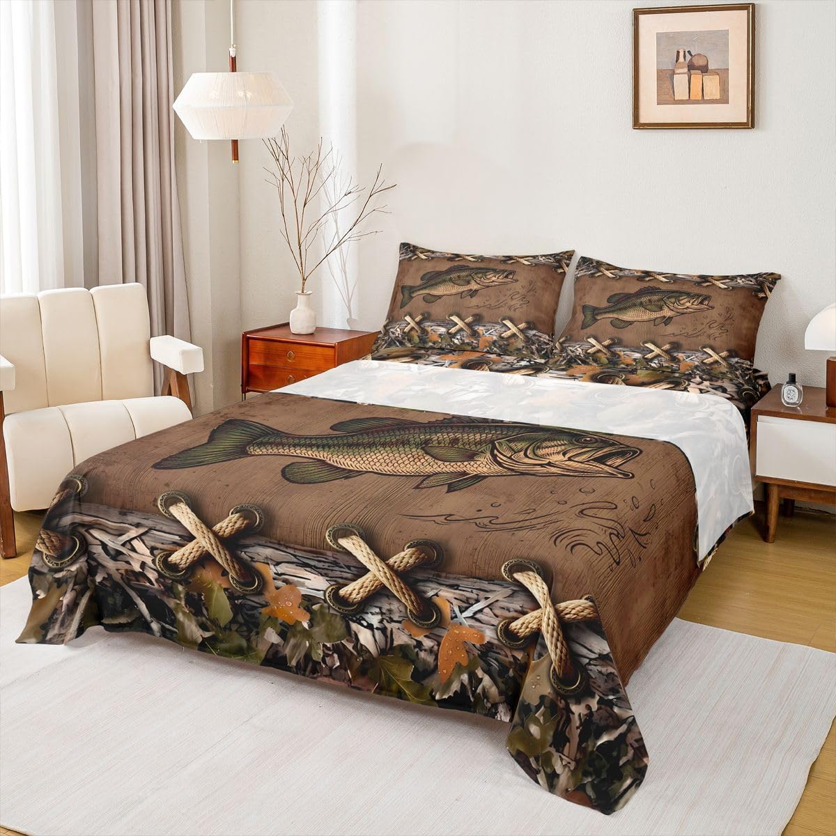 Feelyou Bass Fish Bed Sheets Set Full Size Lake Fishing Bed Set for Kids Boys Girls Brown Camouflage Deep Pocket Fitted Sheet Pike Fish Breathable Soft Lightweight Microfiber Fishing and Hunting