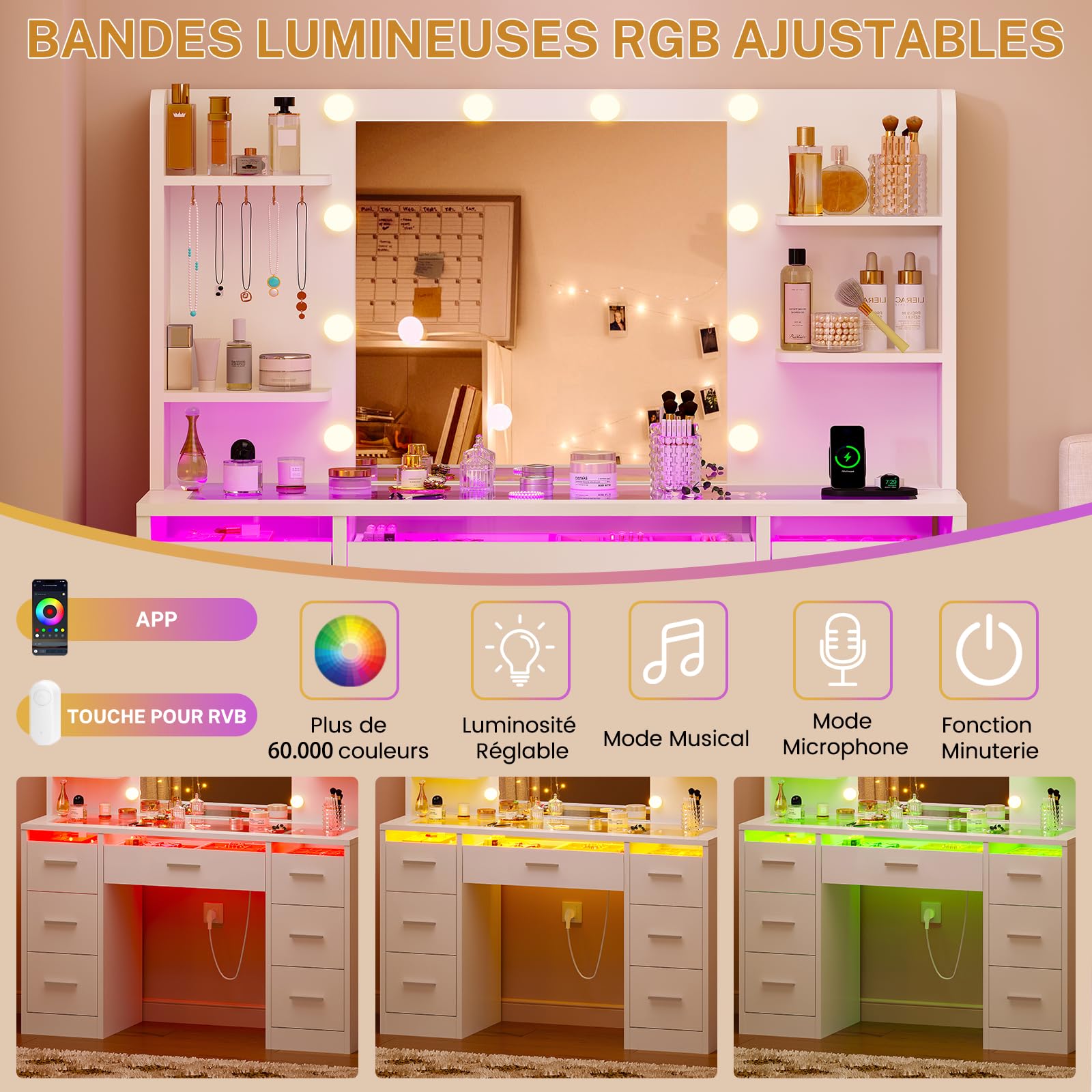 Coiffeuse avec Miroir LED et Éclairage RGB 3 Couleurs, Plateau en Verre Trempé – Table de Maquillage avec Prise, 7 Tiroirs + 5 Crochets, luminosité réglable, Blanc