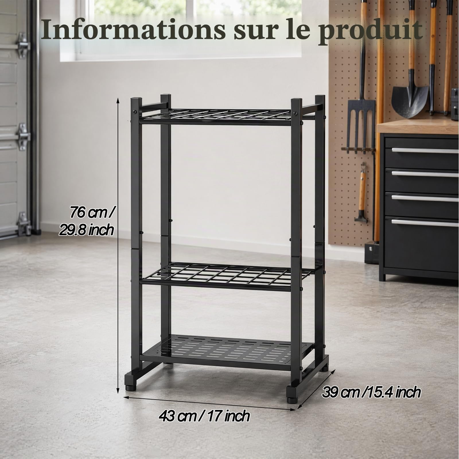 Support robuste pour outils de jardin, 35 outils, fer noir, 43 x 30 x 74 cm