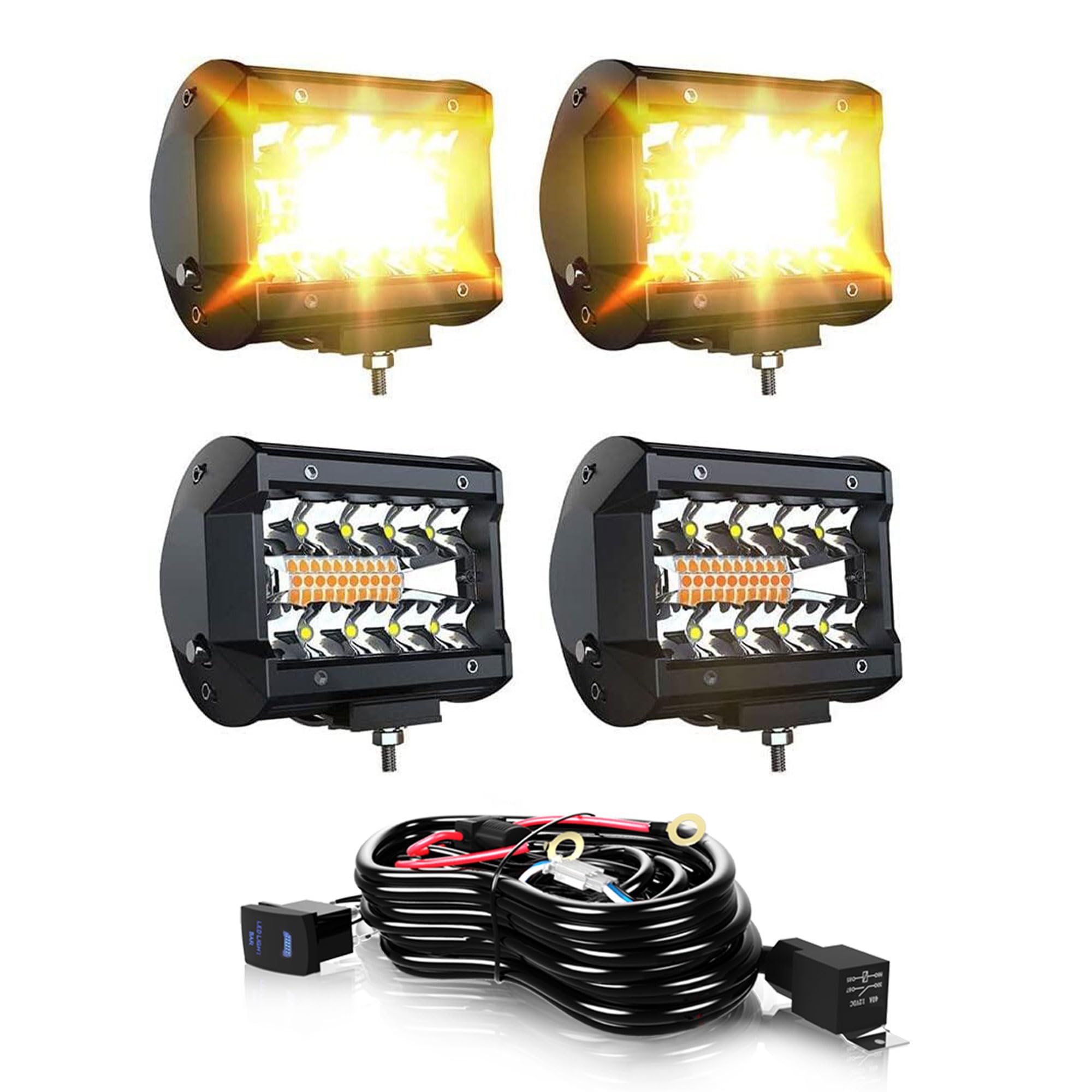 LED Light Bar 4PCS 4'' Inch White/Amber Yellow LED Pods Equivalent to 240-Watt Strobe Light Driving Fog Lights Triple Row Off Road Lights with Six Modes for SUV ATV UTV Trucks Pickup Lamp