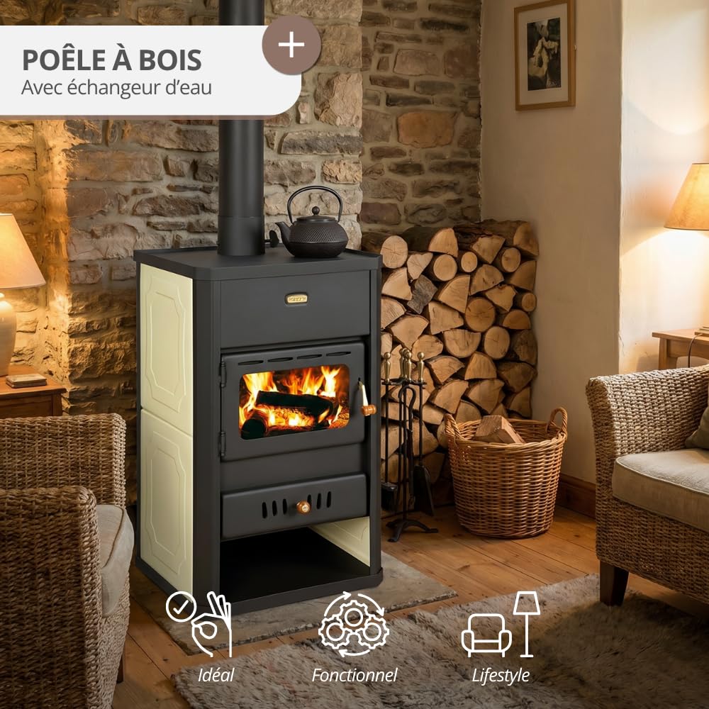 Prity S1 W10 Poêle à bois avec gaine d'eau 10 kW Chauffage central Certifié CE