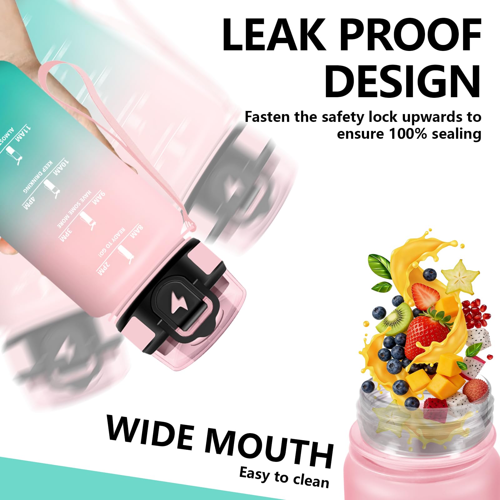 Borraccia 500ml, A Prova di Perdite Borracce, Bottiglia Motivazionale con Cannuccia, Facile da Pulire, Borraccia Bambino con Indicatore del Tempo per Ufficio, Corsa, Scuola - 4